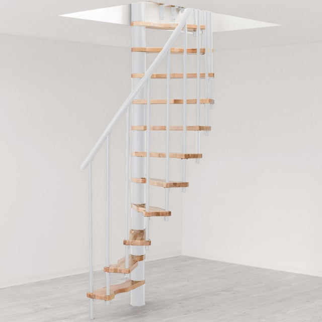 Escalier colimaçon 12 marches - Hauteur à franchir 2.47 à 3.05m - Structure blanche et marche hêtre - Diamètre 120cm - SUON120/BH/12