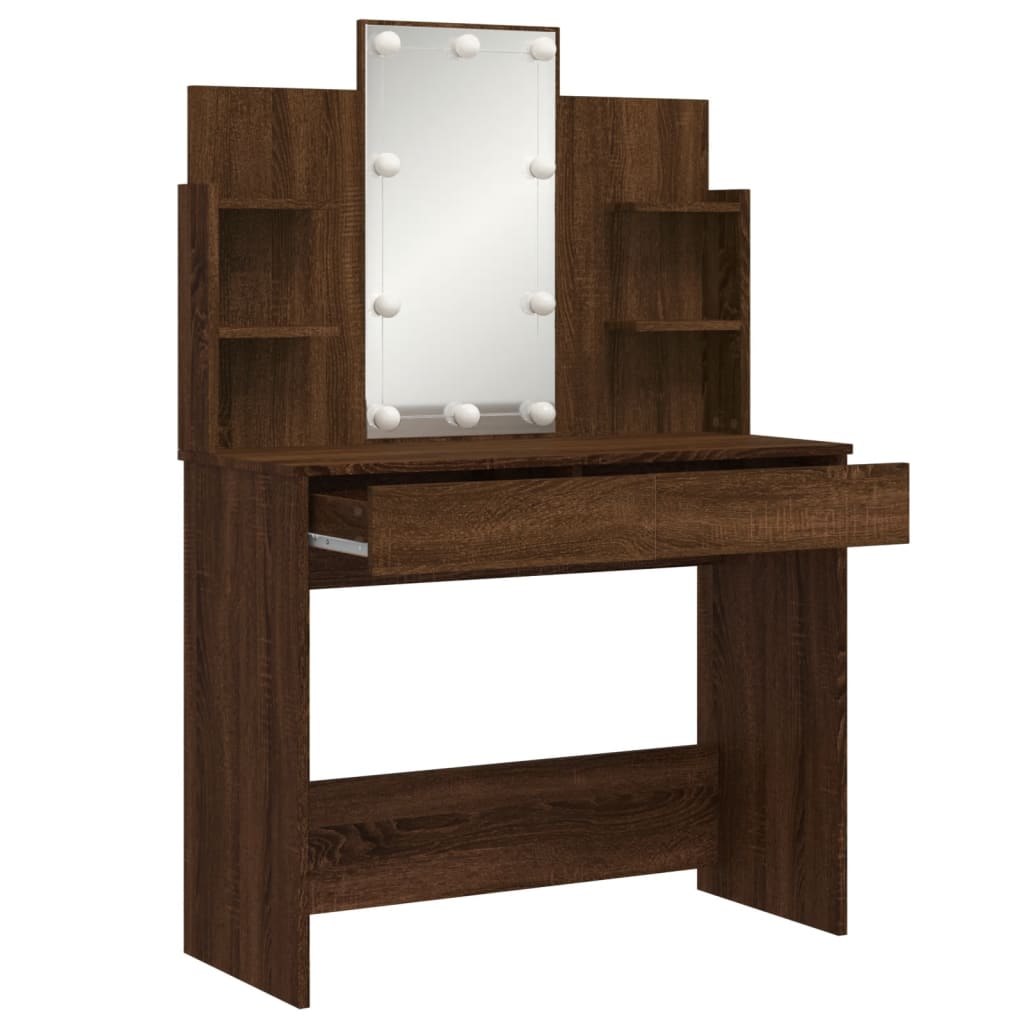 Coiffeuse Avec Miroir Et LED - Chêne Marron - 96x40x142 Cm - Neuve