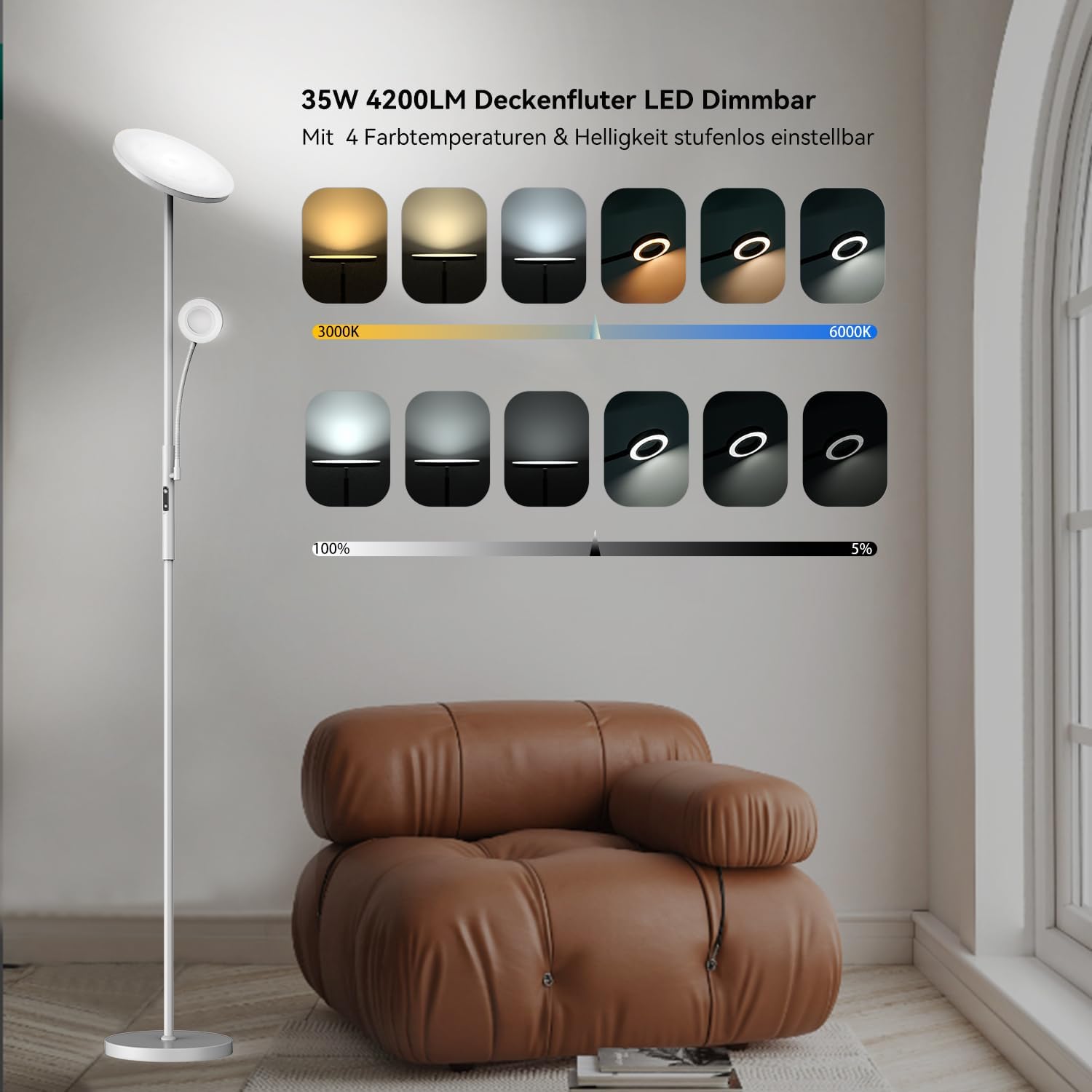 Lampadaire LED Dimmable 35W avec Liseuse, 4200LM, 3000K-6000K, Télécommande, Luminaire sur Pied Moderne pour Salon, Chambre, Bureau, Hôtel - 2