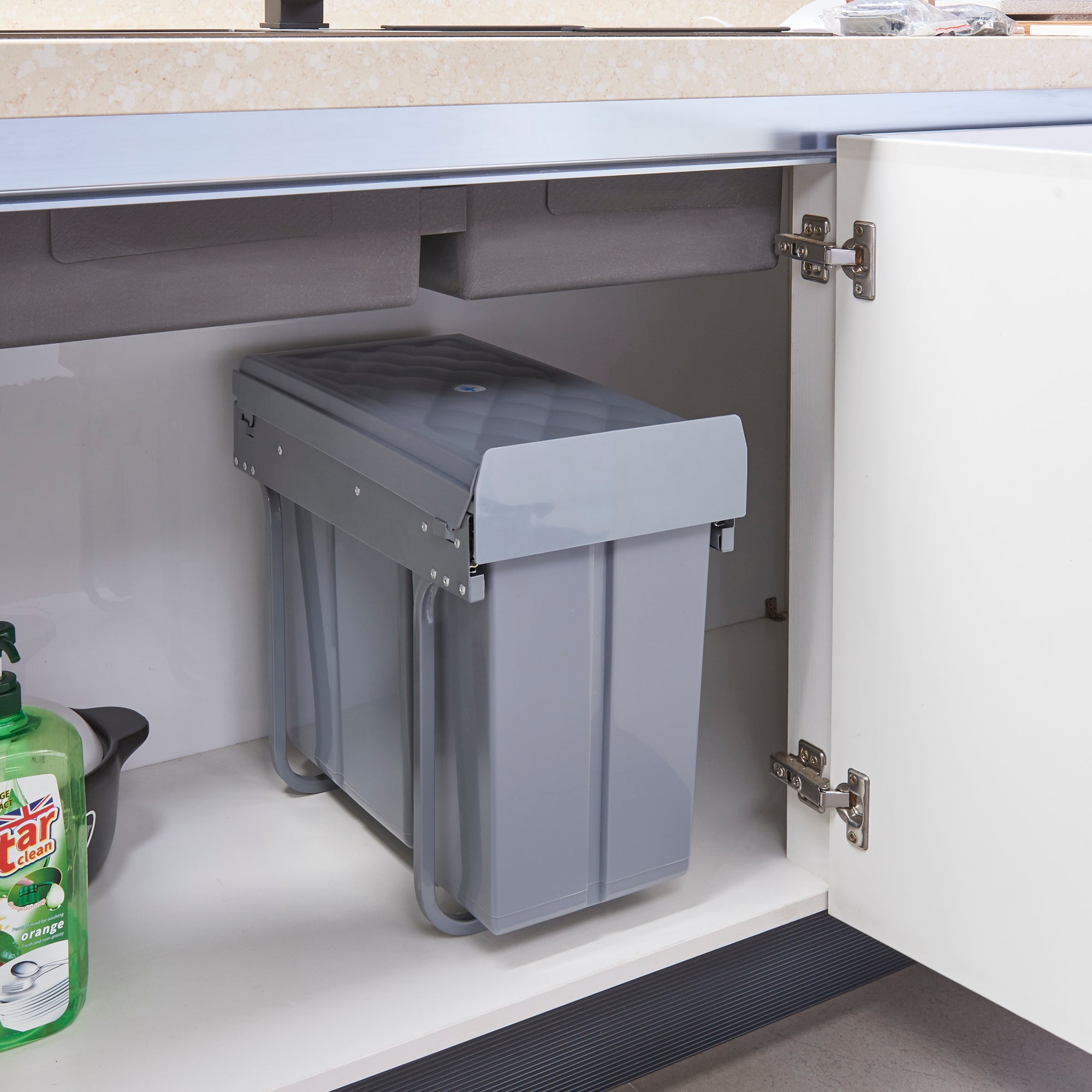 Pattumiera Estraibile con 3 Secchi Raccolta Differenziata Sistema di Estrazione Scorrevole Bidoni Sotto Lavello 3 x 10 L - 48 x 26 x 42 cm Grigio - 2