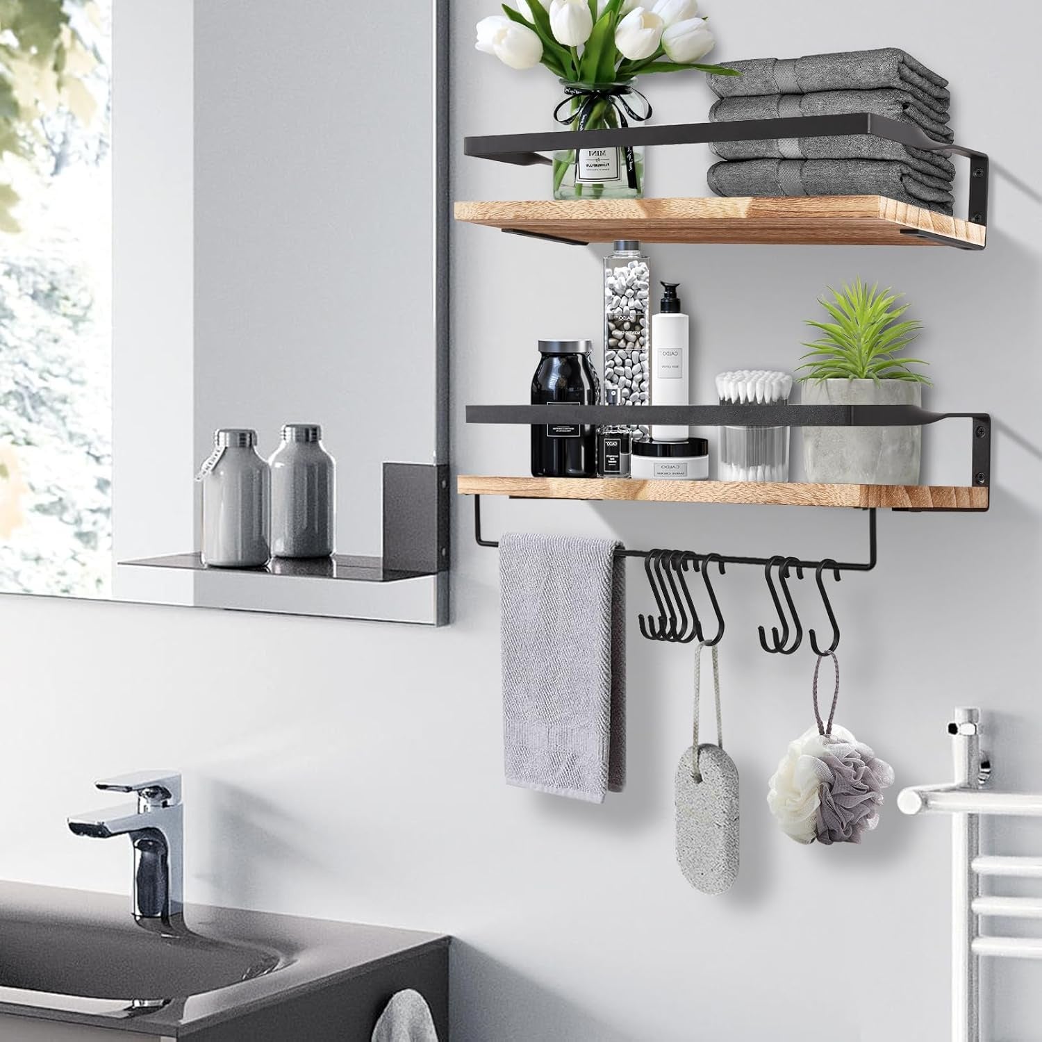 Lot de 2 Étagères Murales en Bois avec Porte-Serviettes et Crochets, , pour Cuisine, Salle de Bain - 3