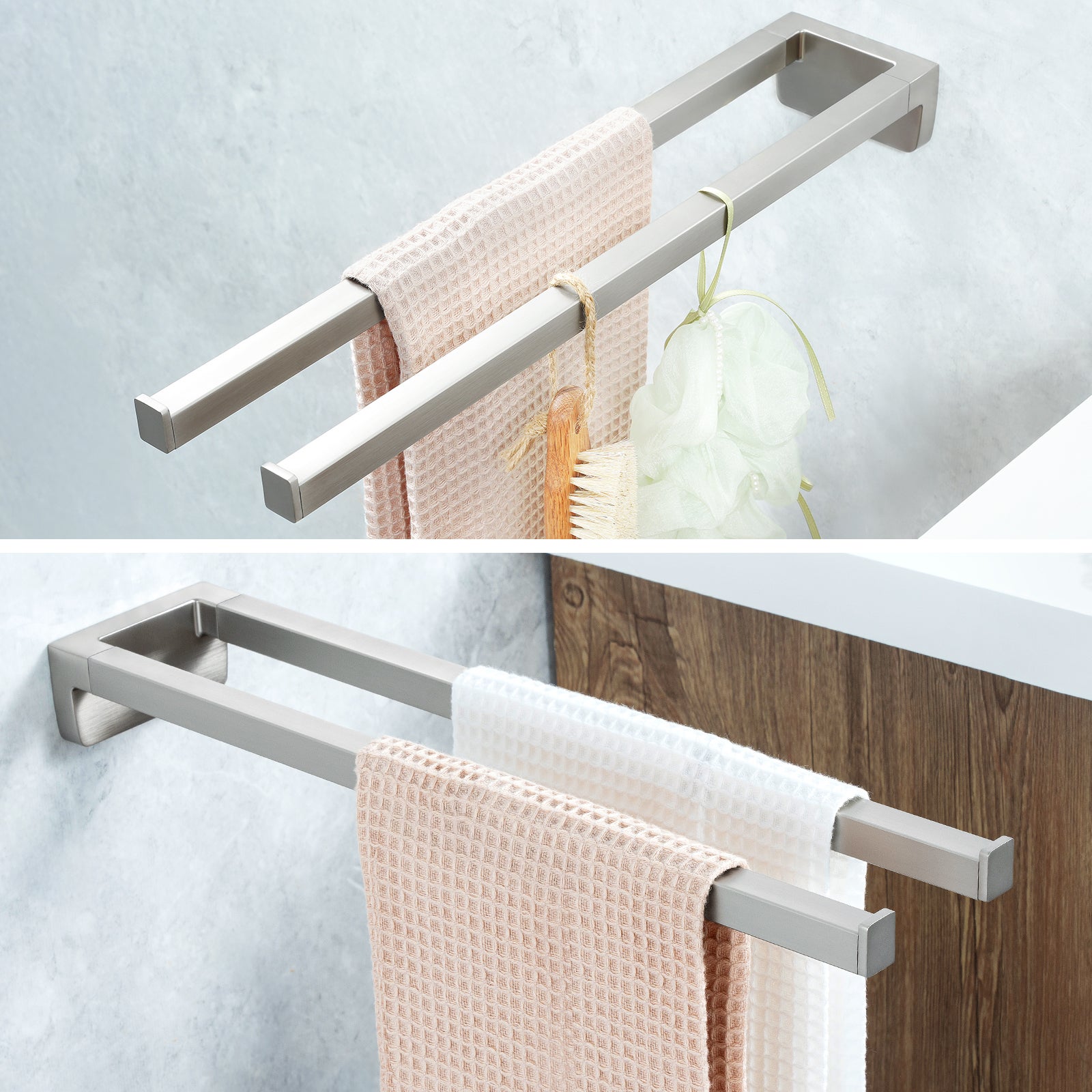 Porte-serviettes à Ventouse Double Barre - Blanc - Pour Salle De Bain Sans Perçage - Avec Crochets - 9