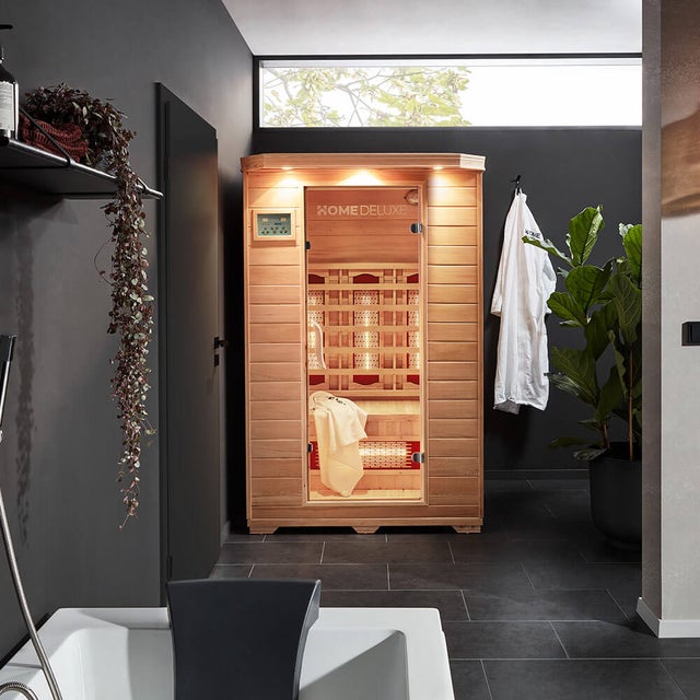 HOME DELUXE – Cabine infrarouge REDSUN M VSS - 120 x 105 x 190 cm - pour 2 personnes, 6 émetteurs à spectre complet, bois : pruche I Sauna infrarouge,
