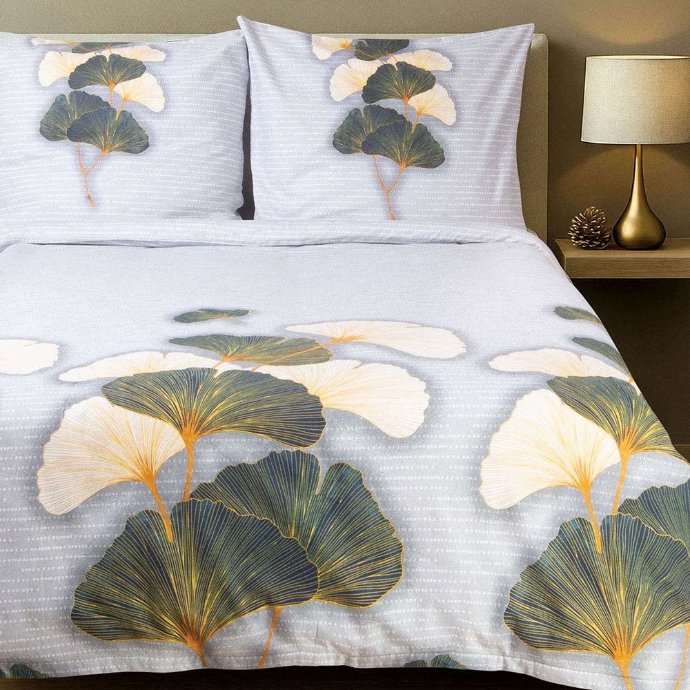 Pościel flanelowa 220x200 Solenne Light szara, liście miłorzębu, Flanelove - Darymex