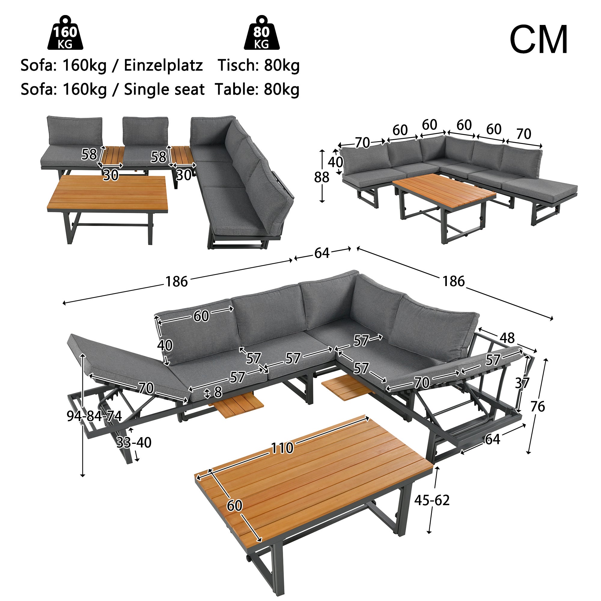 Mobiliario de jardín modular en hierro galvanizado: 2 sofás elevables de 3 plazas + 1 mesa de centro - Gris - 8
