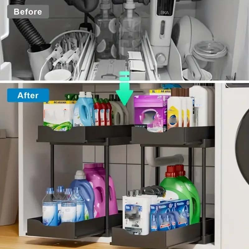 Organisateur sous-évier 2 niveaux coulissant blanc plastique durable, rack H avec roulettes, rangement cuisine salle de bain, épices, ustensiles - 5