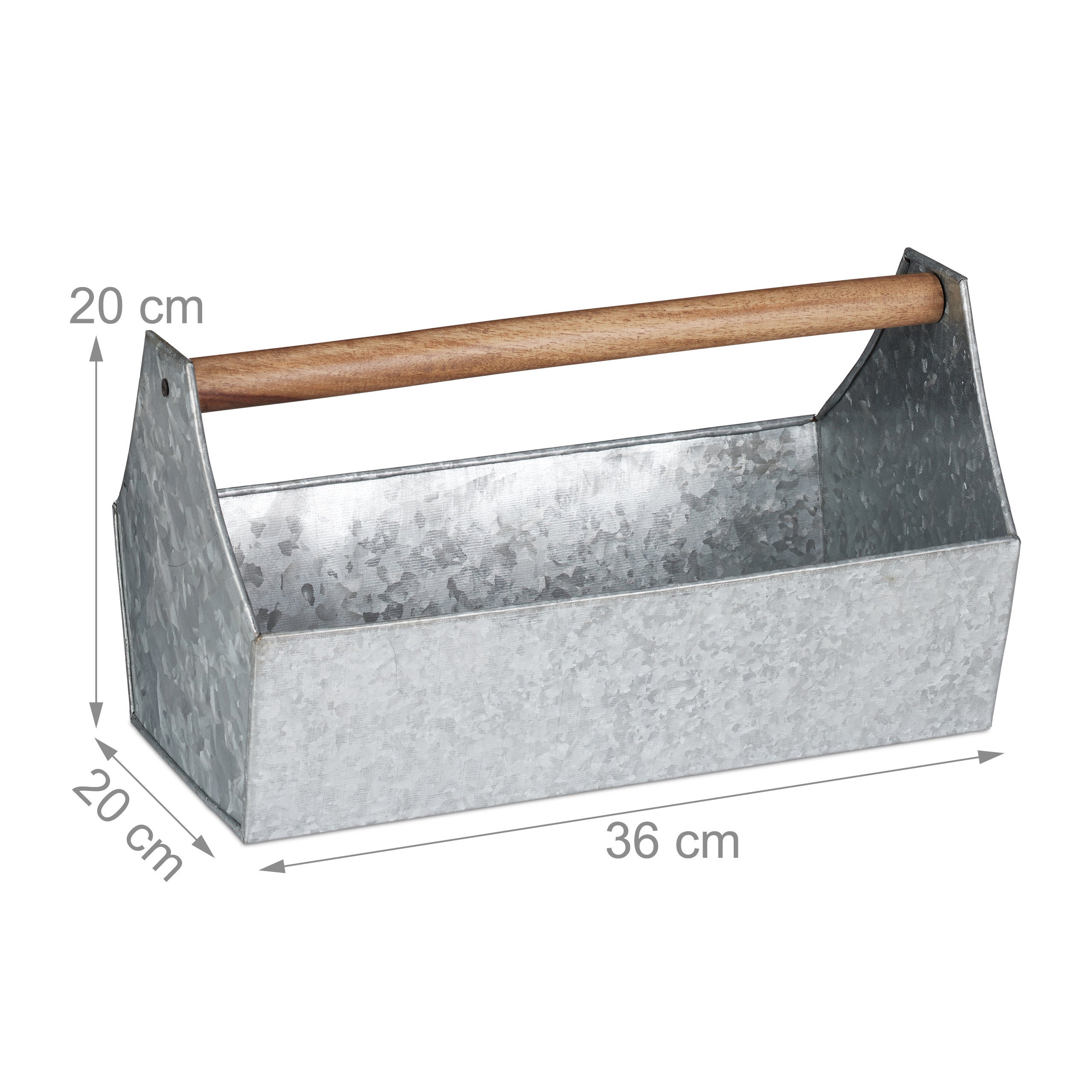 Jardinière, manche en bois, fleurs, plantes et herbes, design boîte à outils, fer, HLP 20x36x20 cm, argenté, Relaxdays - 4