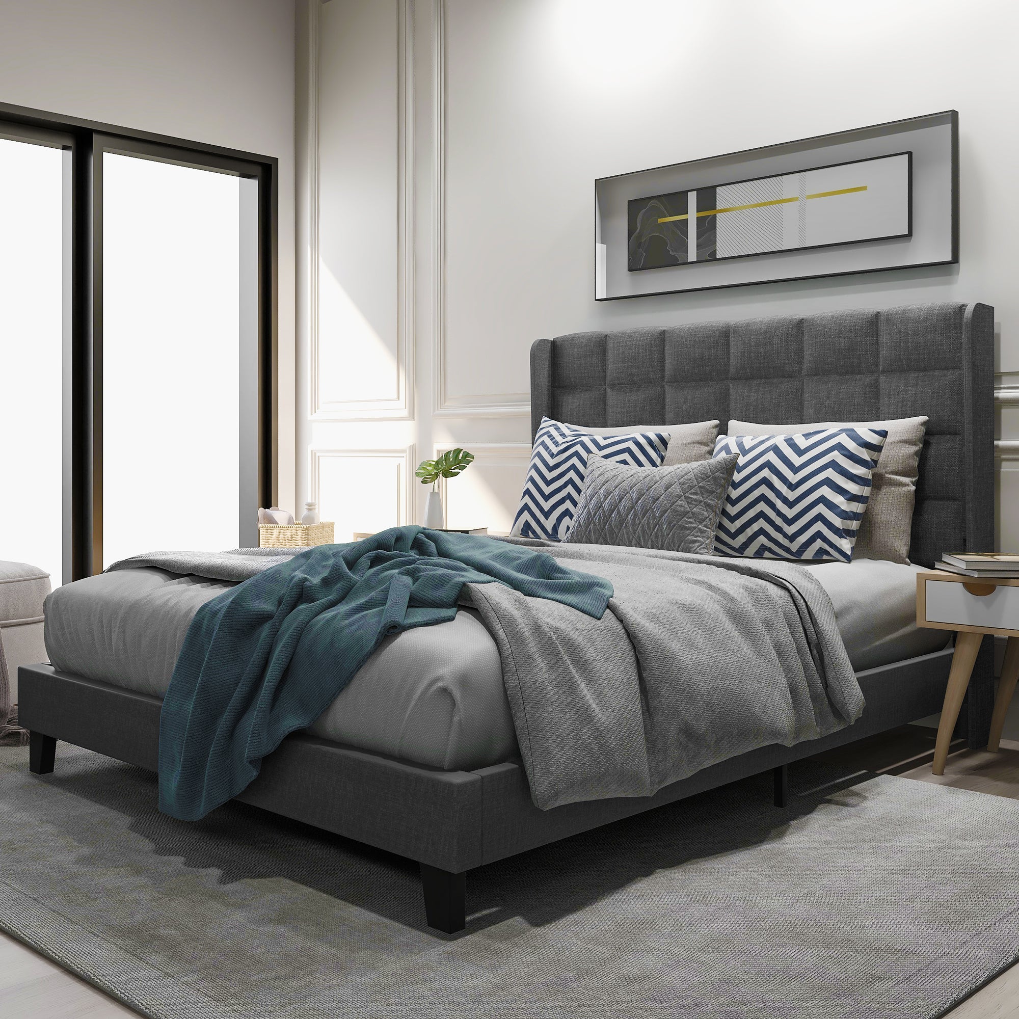 Cama de adulto tapizada con cabecero - 140 x 200 cm - tela de lino - gris - 4