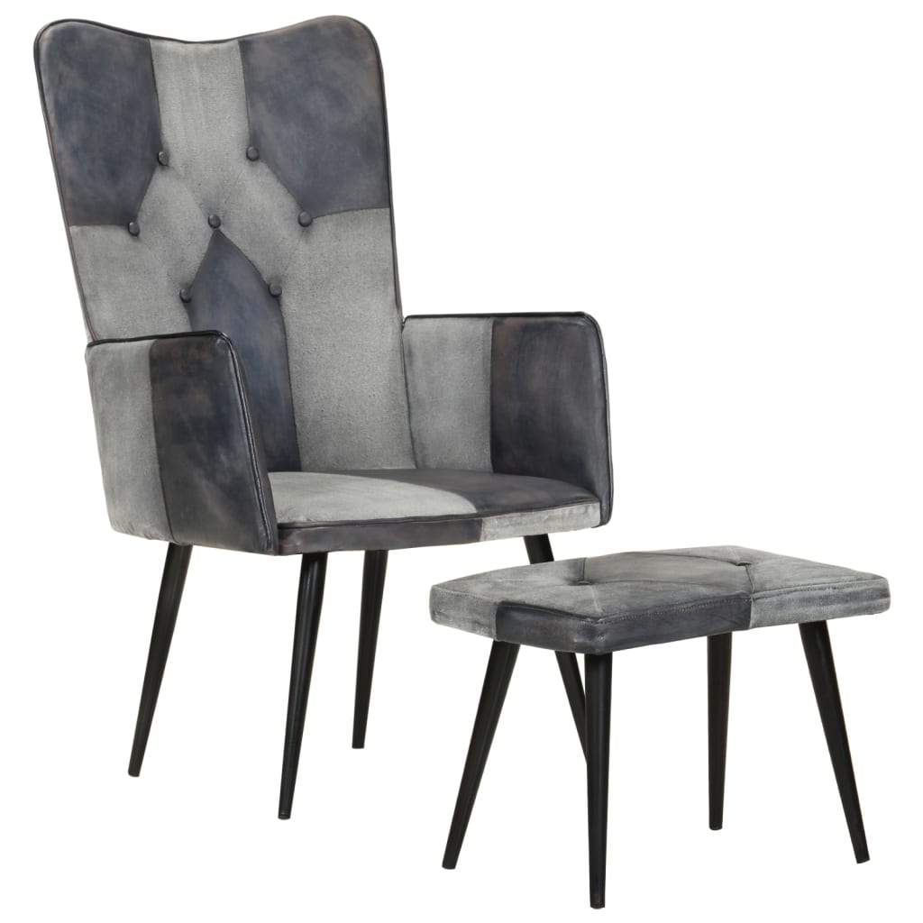 Sillón de salón | sillón con reposapiés lona y cuero auténtico gris cfw872533