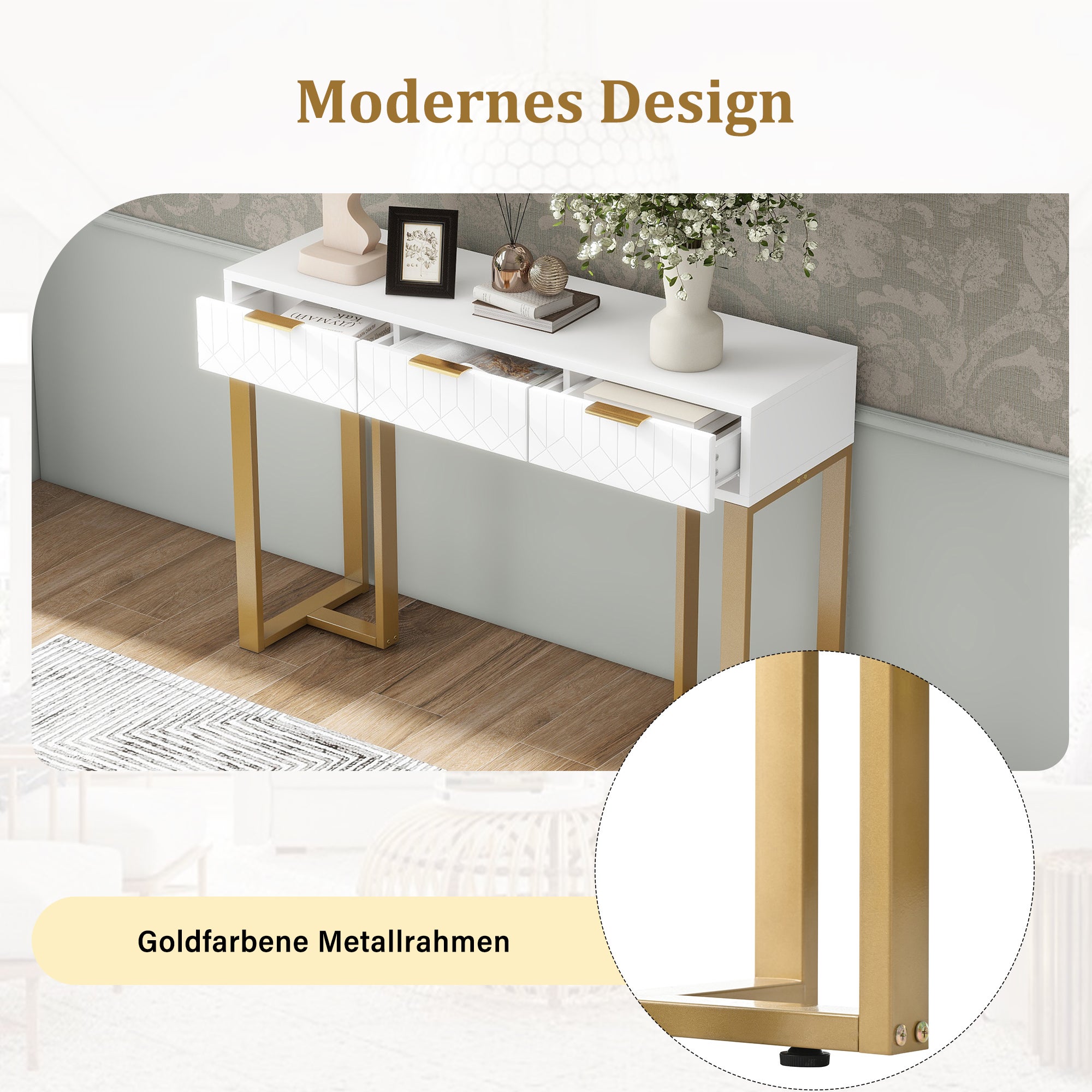 Table console moderne avec 3 tiroirs - 120 x 36 x 80 cm - MDF - pour salon, couloir - blanc + or - 7