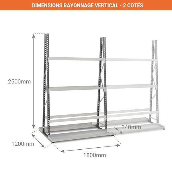 Rayonnage vertical 1 cotés - Élément suivant - 2500x1500x760mm - Utilisable uniquement avec un module de départ - RAYOVERT/2C/1834/S - 3