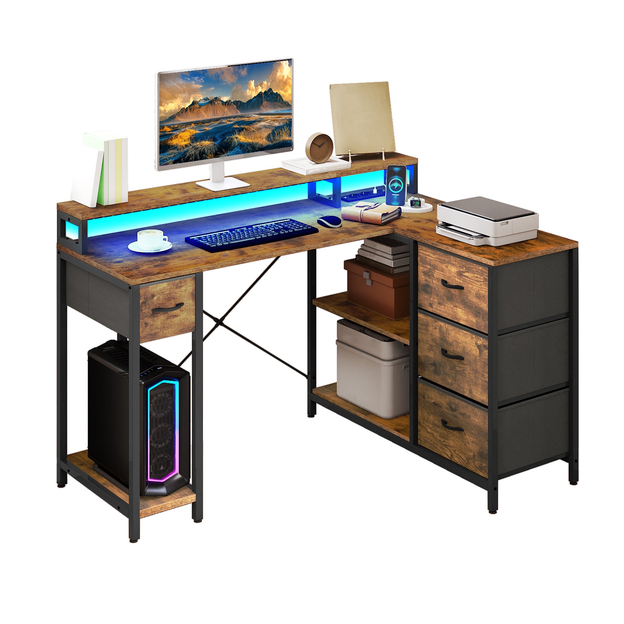 YITAHOME Bureau en L - Port de Charge USB et Prise - 4 Tiroirs et ...