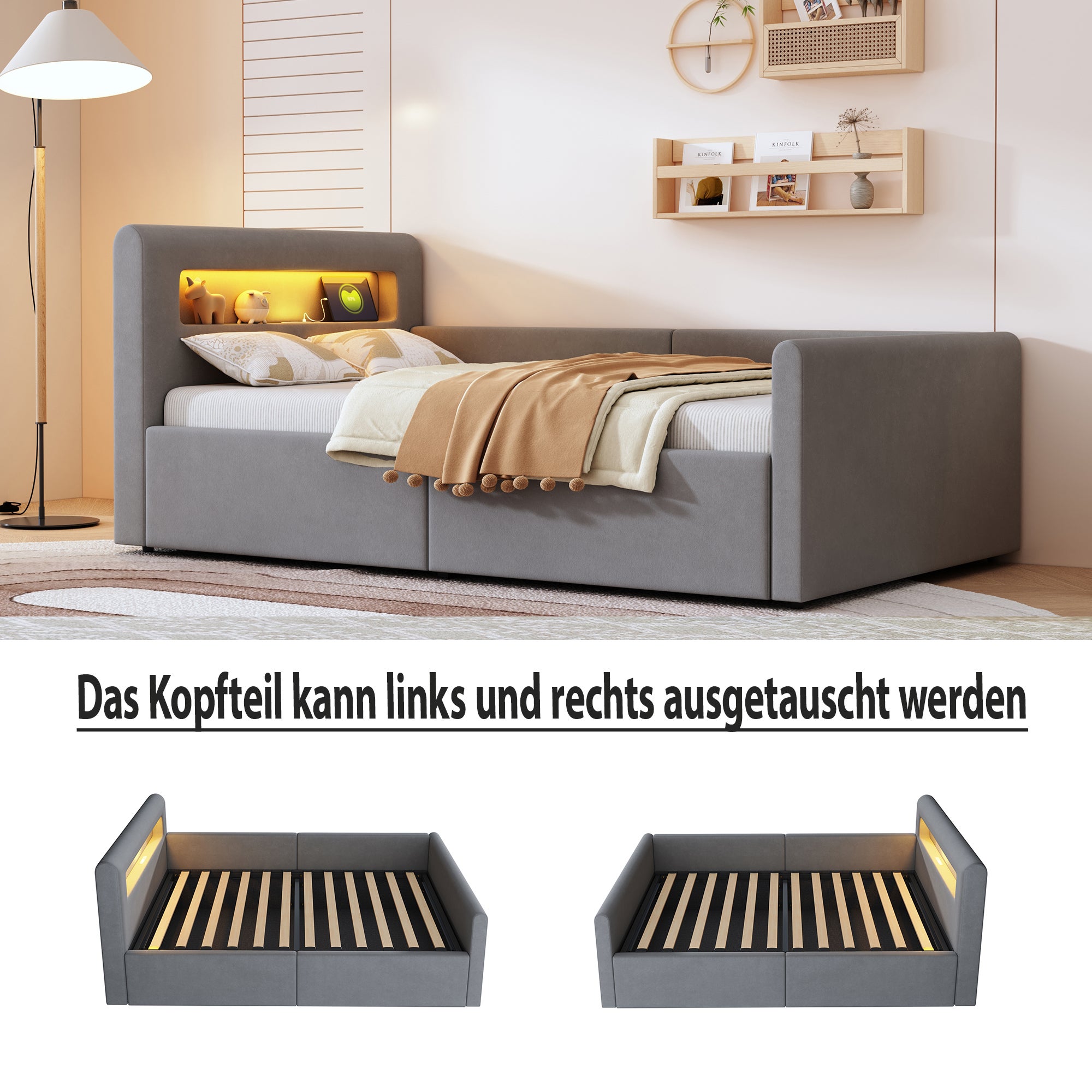 Lit enfant rembourré 90x200 cm, avec éclairage LED, veilleuse et port de charge USB, étagère, espace de rangement, lit simple, gris clair - 7