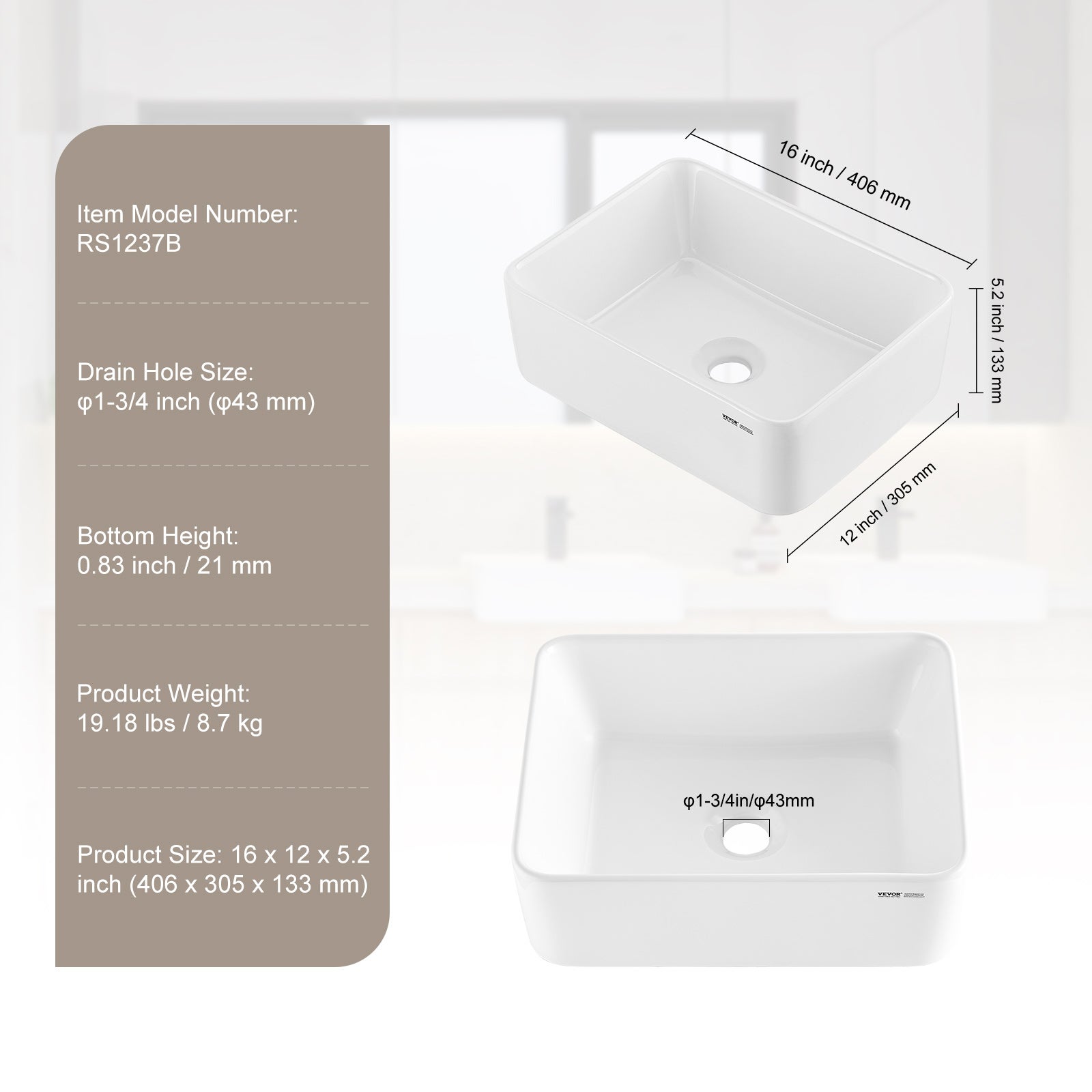 Lavabo rectangulaire 406x305 mm,VEVOR vasque à poser en céramique blanche,style contemporain,adapté aux salles de bains,hôtels,toilettes - 7