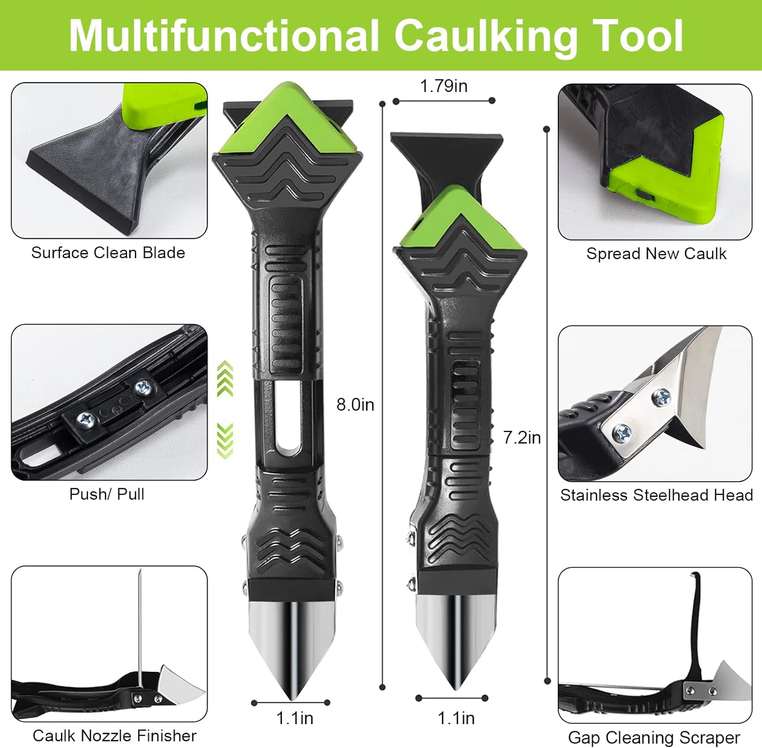 Juego de 13 herramientas para calafatear, 5 en 1, de silicona, para eliminar lechada, sellador y raspador de residuos adhesivos, color verde. - 5