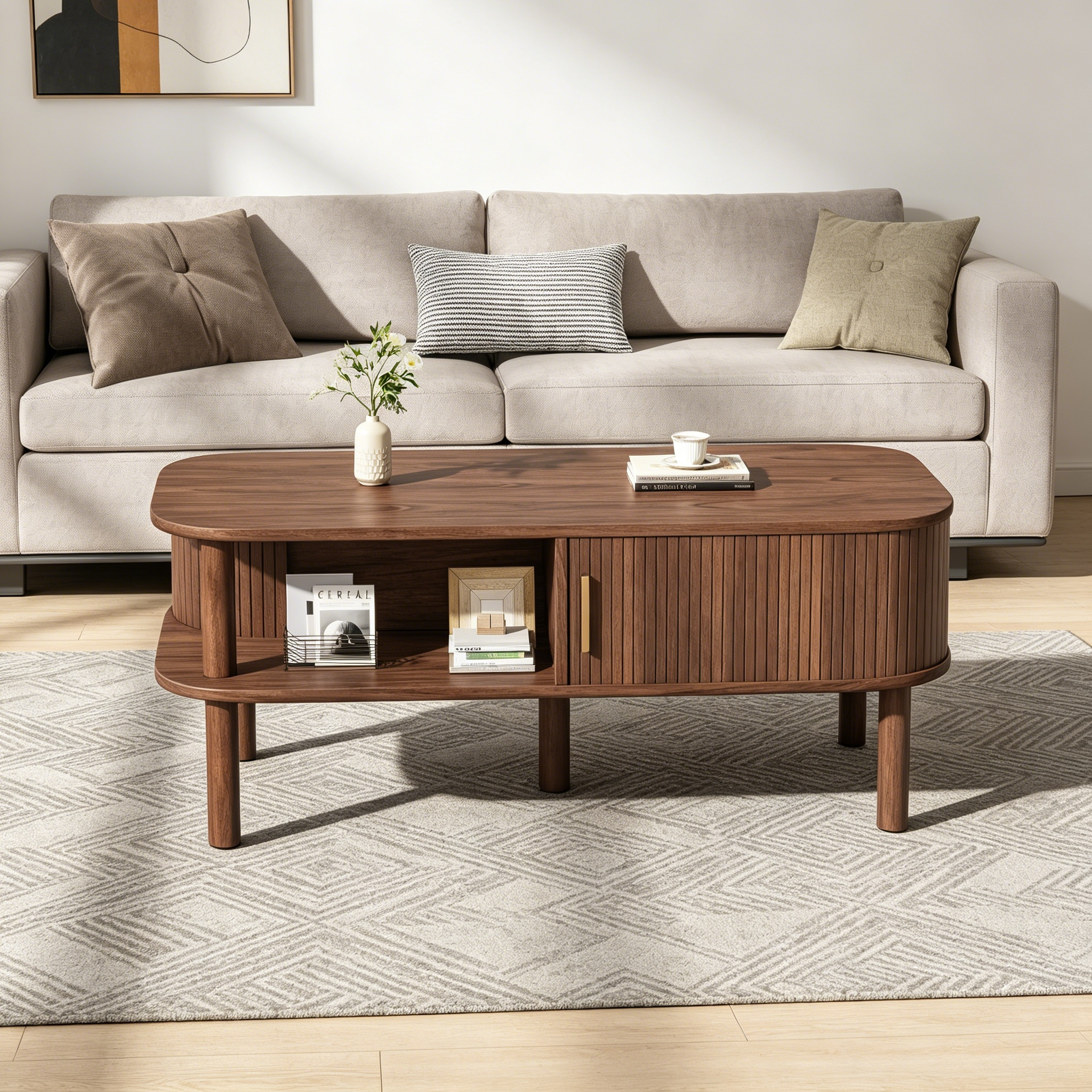 Table basse avec 2 portes enroulables, rangement double niveau et bords arrondis - MDF/bois - 110 x 55 x 45 cm - Noyer - 3