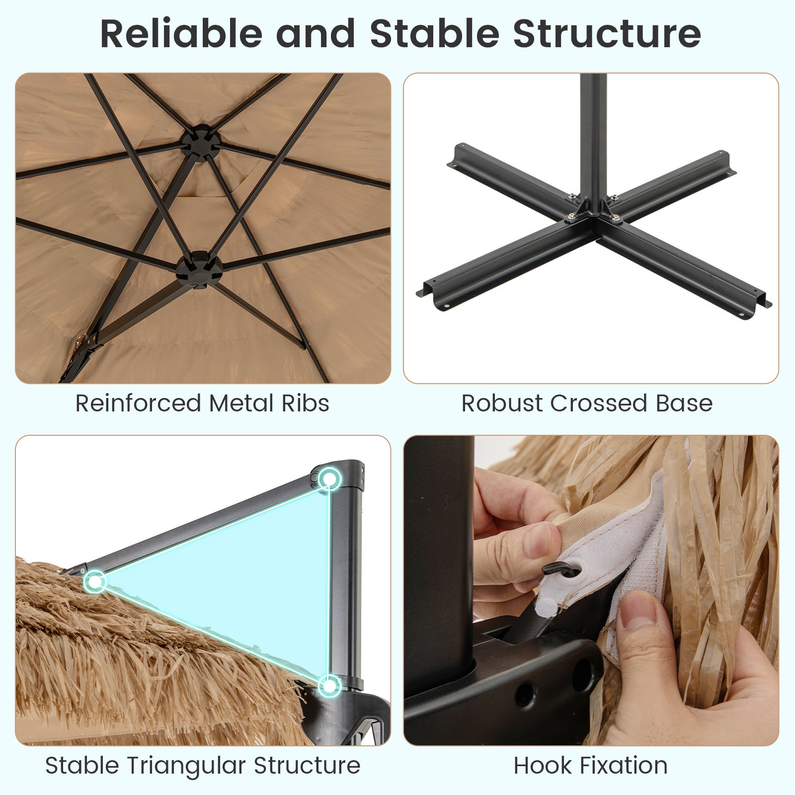 Parasol de Patio Style Hawaïe en Chaume Hula Tiki, Parasol Suspendu Déporté avec Toit Aéré, Protection Solaire, pour Piscine Jardin Terrasse Plage - 8