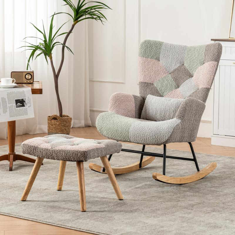 Comfy Multi-Color Rocking Chair 93cm with Footrest, Lumbar Cushion, Durable Rubberwood Frame, Relaxing Lounge Chair - 4