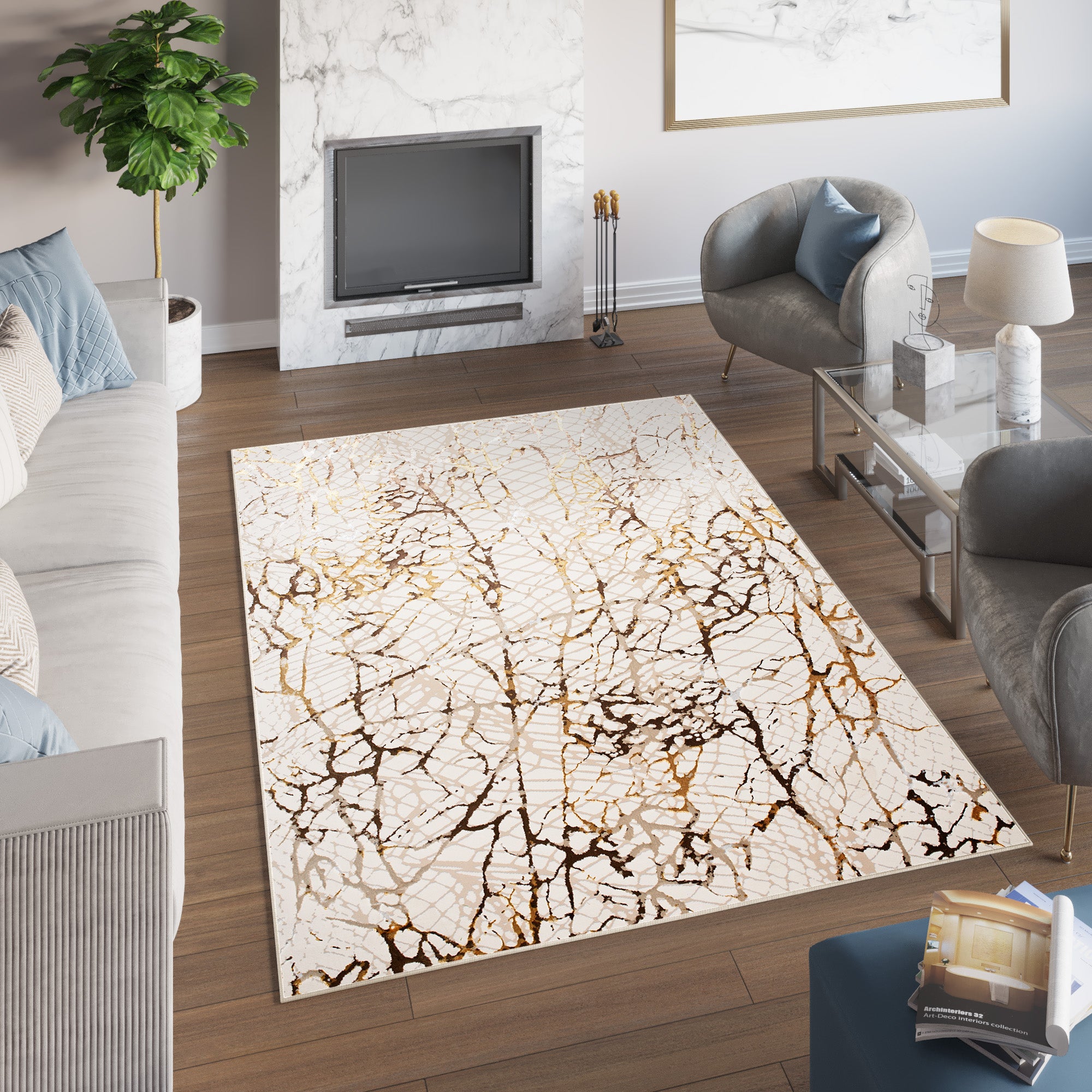 TAPISO Golden Tapis de Salon Moderne Beige Or Crème Marron Moucheté Motif Peau de Serpent Doux Poil Court 140 x 200 cm - 6