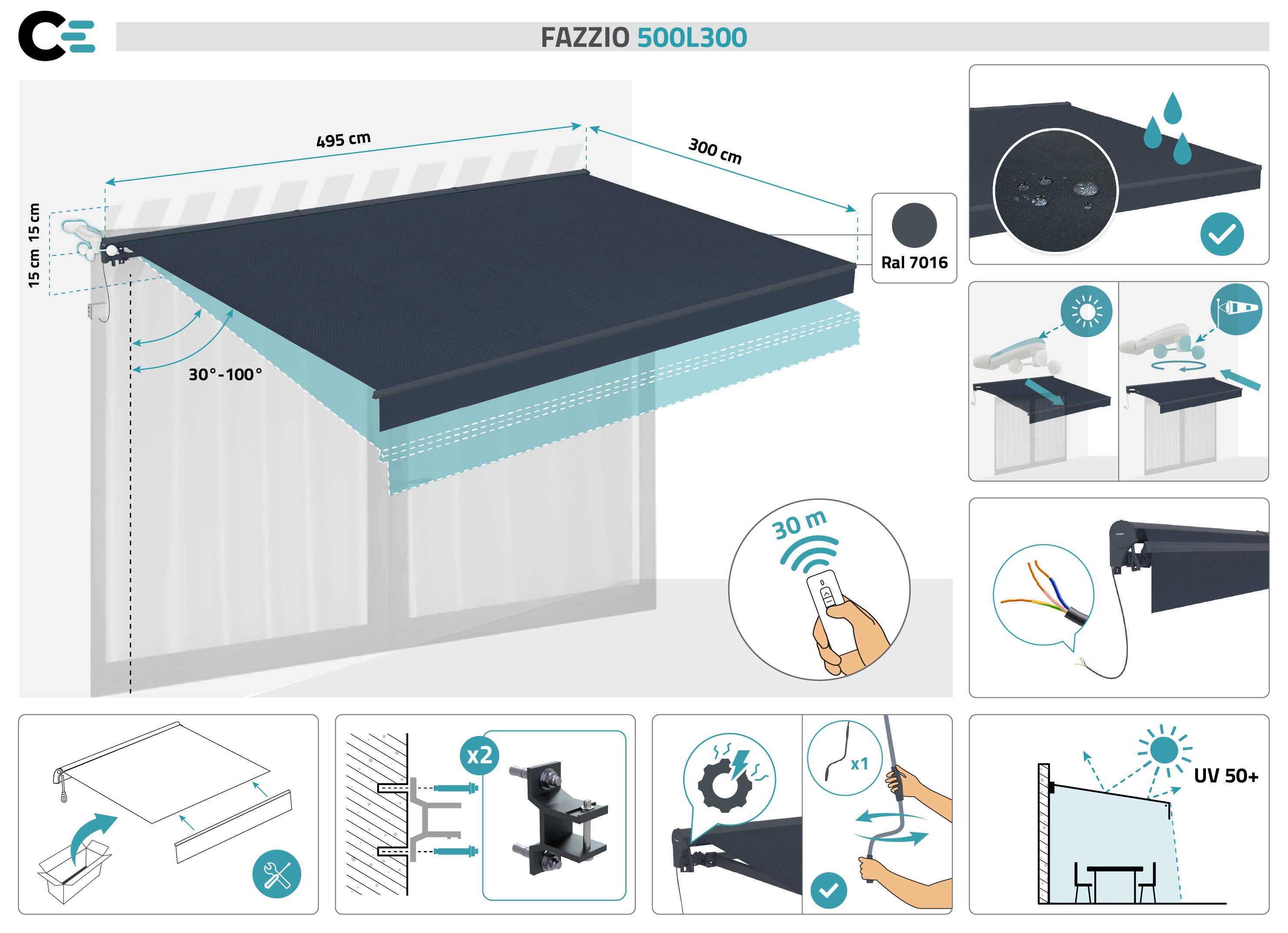 FAZZIO 5x3m Toldo semi-cassete motorizado - Lona premium 320g/m2 cinza - 2