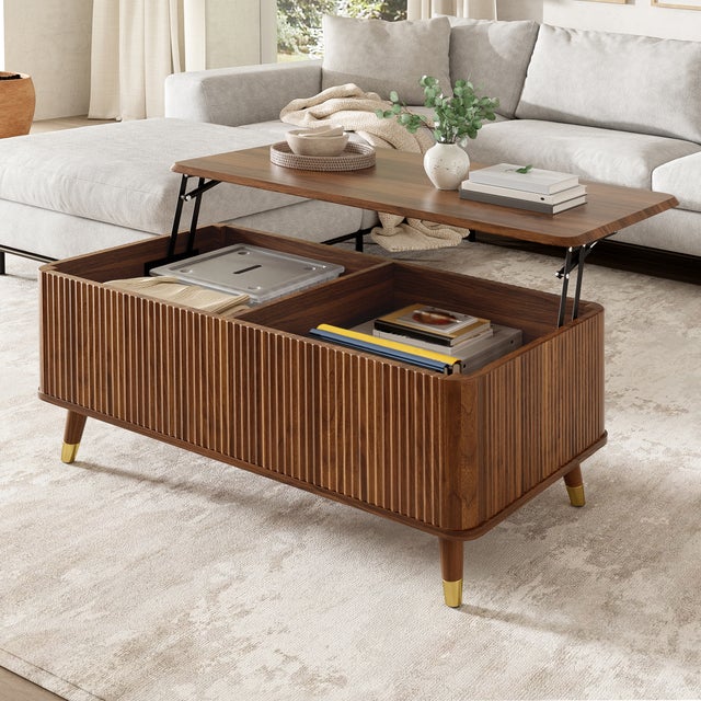Table basse 97x52x56,5 rétro moderne avec plateau relevable, Meuble multifonction motif vagues finition noyer pieds en bois de rangement, Noyer