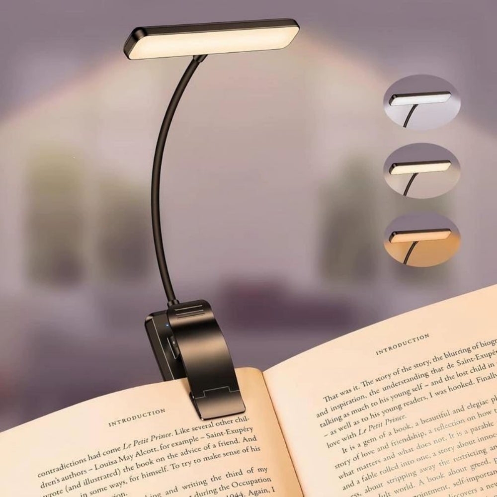 Lampă de citit cu 19 LED-uri, clips reîncărcabil, protecție pentru ochi, reglabilă intensitate și 3 culori (chihlimbar/alb/mixt), flexibilă la 360°