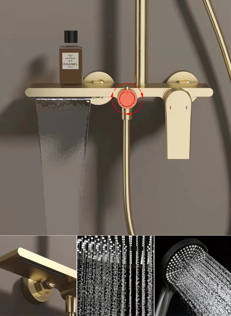 Ensemble de robinetterie de douche pour salle de bain, pomme de douche effet pluie, mitigeur de douche avec douchette, doré - 3
