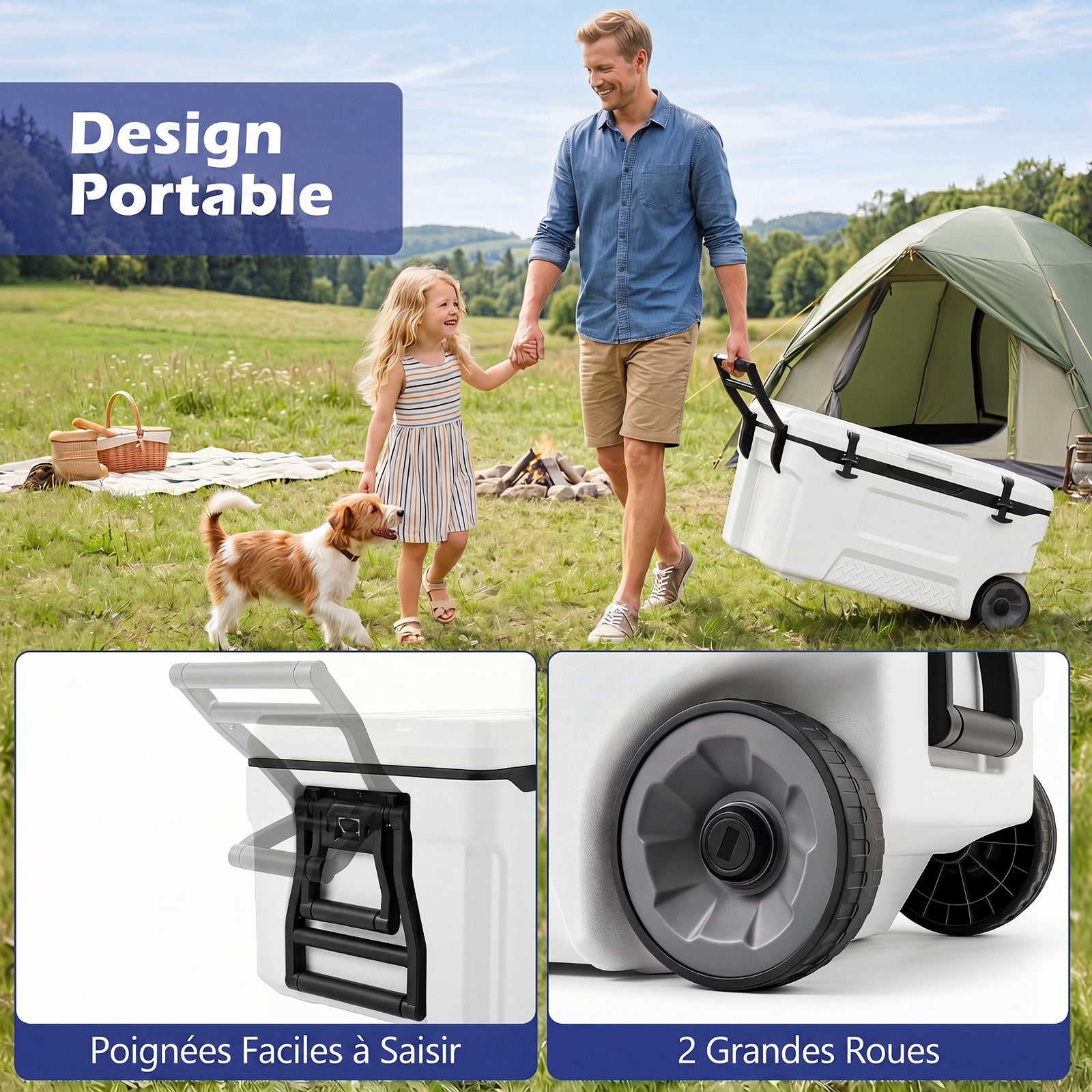 Glacière, Poignées et Roulettes Transport, Glacière Portable de 70L, Orifice de Sortie, Emplacement du Gobelet, Garder la Glace Jusqu'à 6 Jours, Blanc - 5