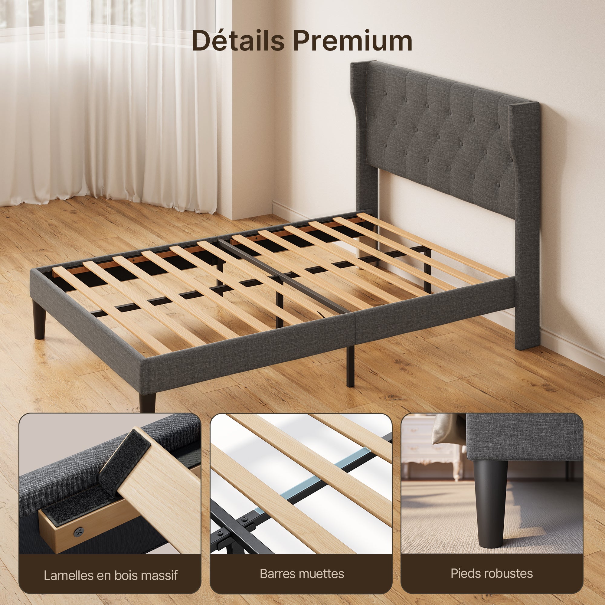 Bealife Lit 140 x 200 cm Lit Simple Structure de Lit Lit Rembourré Lattes en Bois de Spin 20 cm de Rangement Gris Foncé - 6
