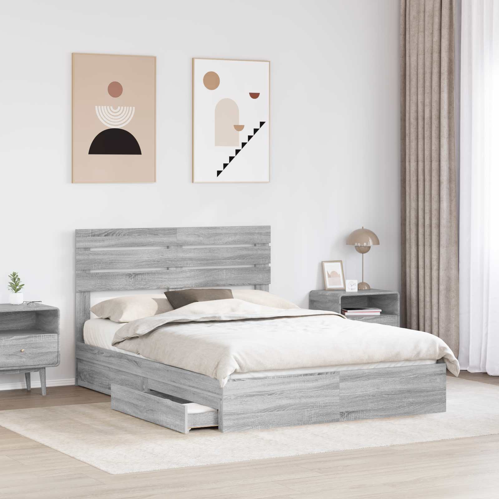 Lit avec rangement, panneau de bois, gris, pour la chambre, 160 × 200 cm - 3