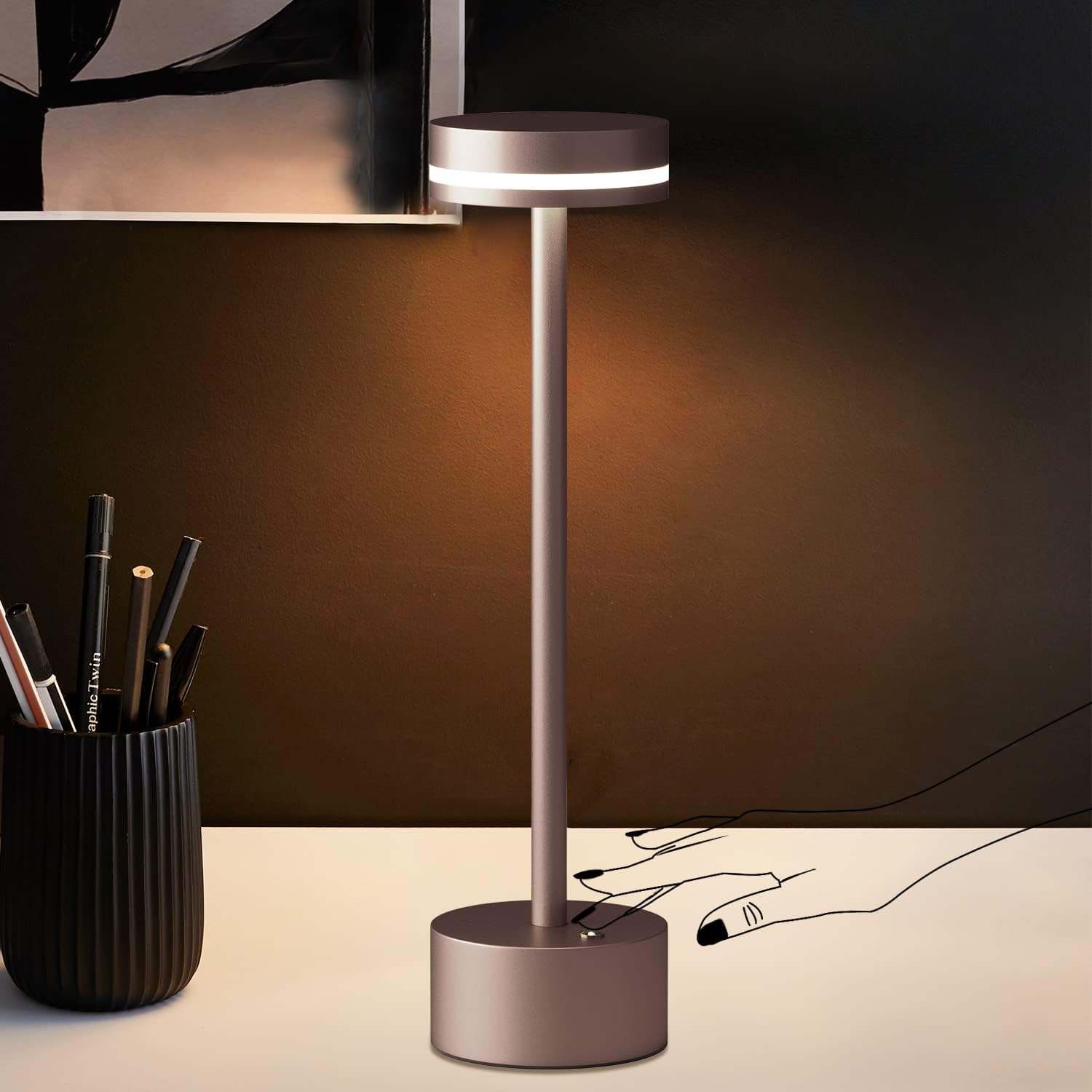 Lampa stołowa LED 1800 mAh bezprzewodowa, ładowalna, z czujnikiem dotykowym, aluminiowa obudowa, certyfikowana bateria, port ładowania USB-C, lampa