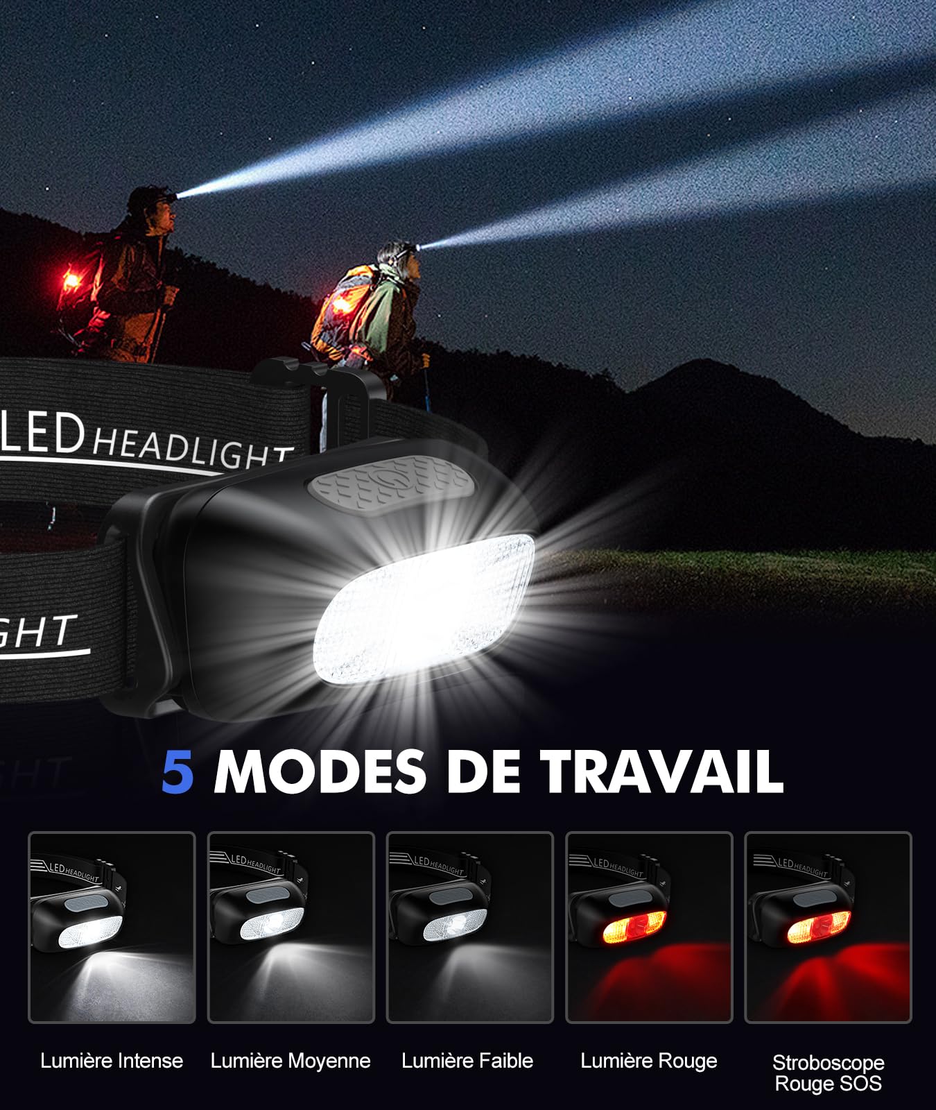 Lampe Frontale Lot de 2 LED Ultra Puissante Rechargeable 5 Modes Lumière Blanche Rouge IPX4 60° Réglable pour Running Adultes Enfants - 2