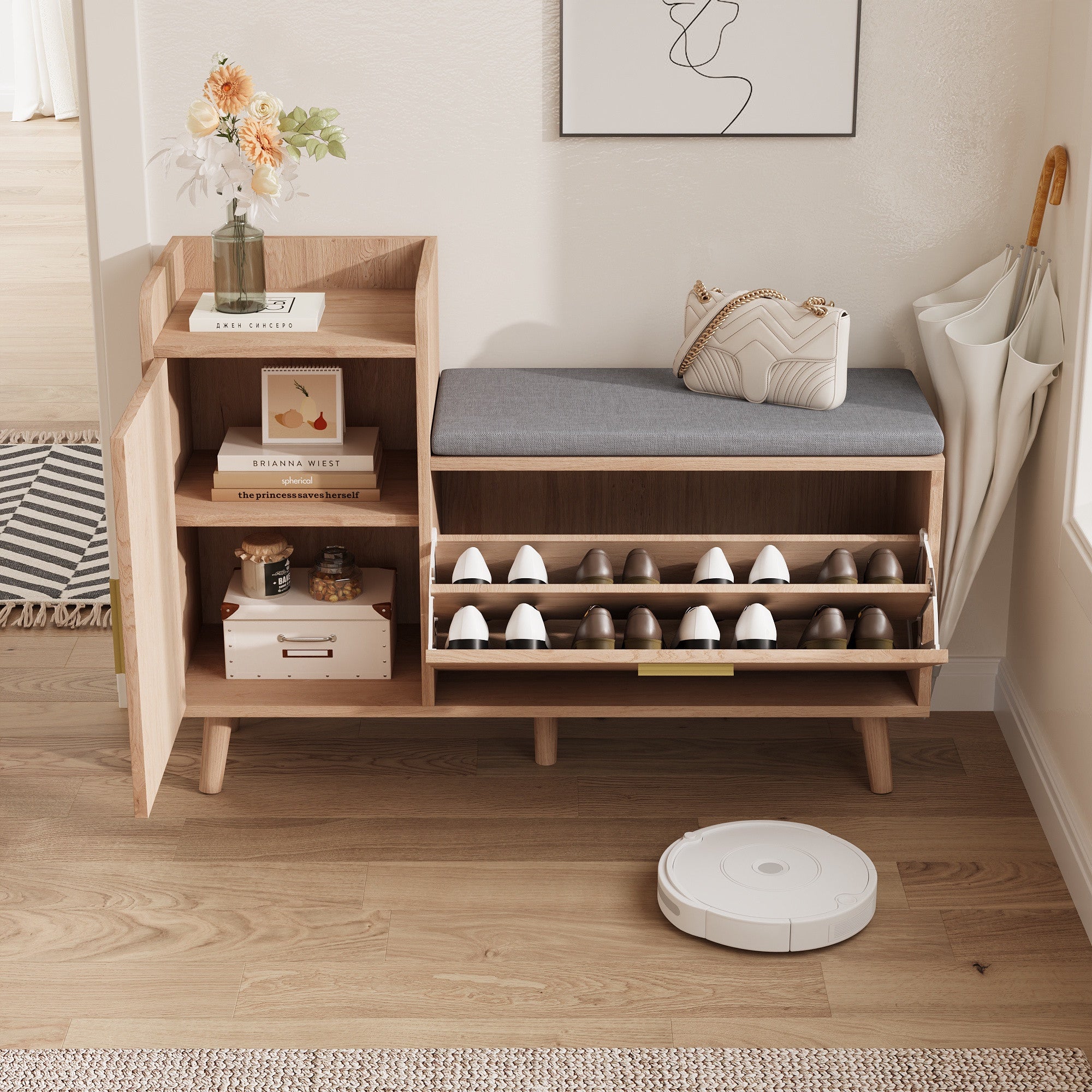 Meuble à Chaussures avec Banc Rembourré, 2 Casiers à Chaussures, Armoire Latérale et Étagère Ouverte - Style Nordique Bois Clair - 9