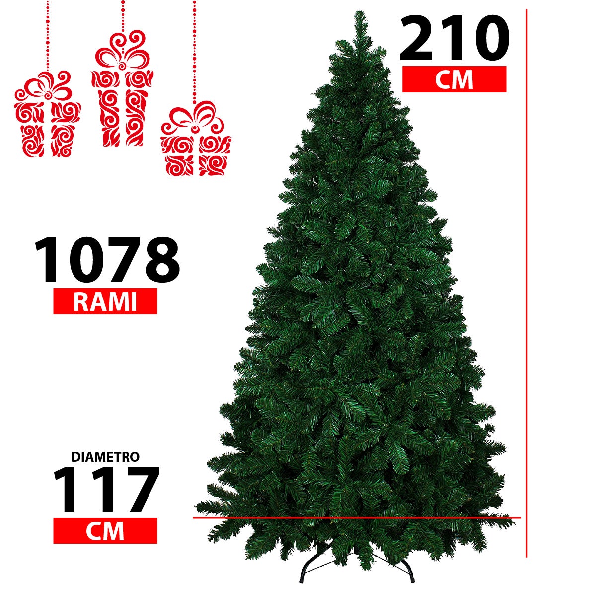 Albero Di Natale 210 Cm Con Sacca Effetto Reale 1078 Rami Foltissimo Molto Folto Rami A Gancio Base Croce In Metallo Doppia Foglia Colorata PVC 210Cm - 3