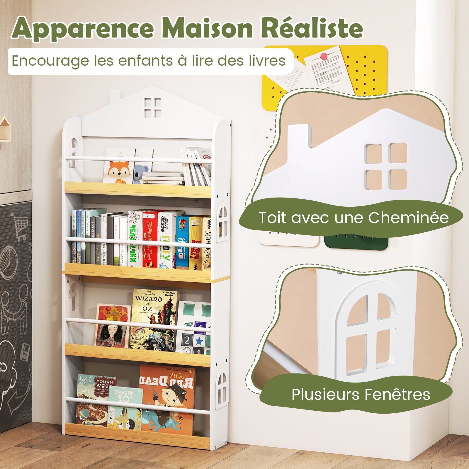 Bibliothèque pour Enfants en Forme de Maison, Étagère à 4 Niveaux avec Barrières Anti-chute et Barres Métalliques, Conception avec Socle Réservé - 5
