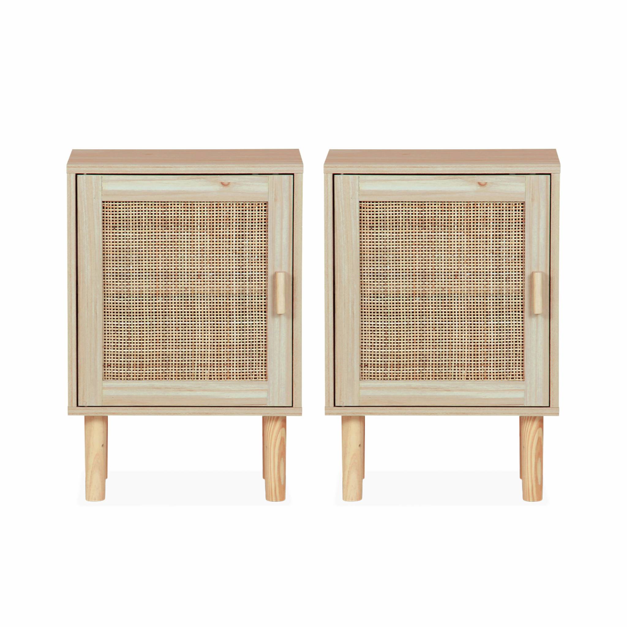 Lot de 2 tables de chevet en cannage et décor bois - Camargue - 40x30x58cm. 2 niveaux. 1 porte. pieds droits CAMARGUE - 5