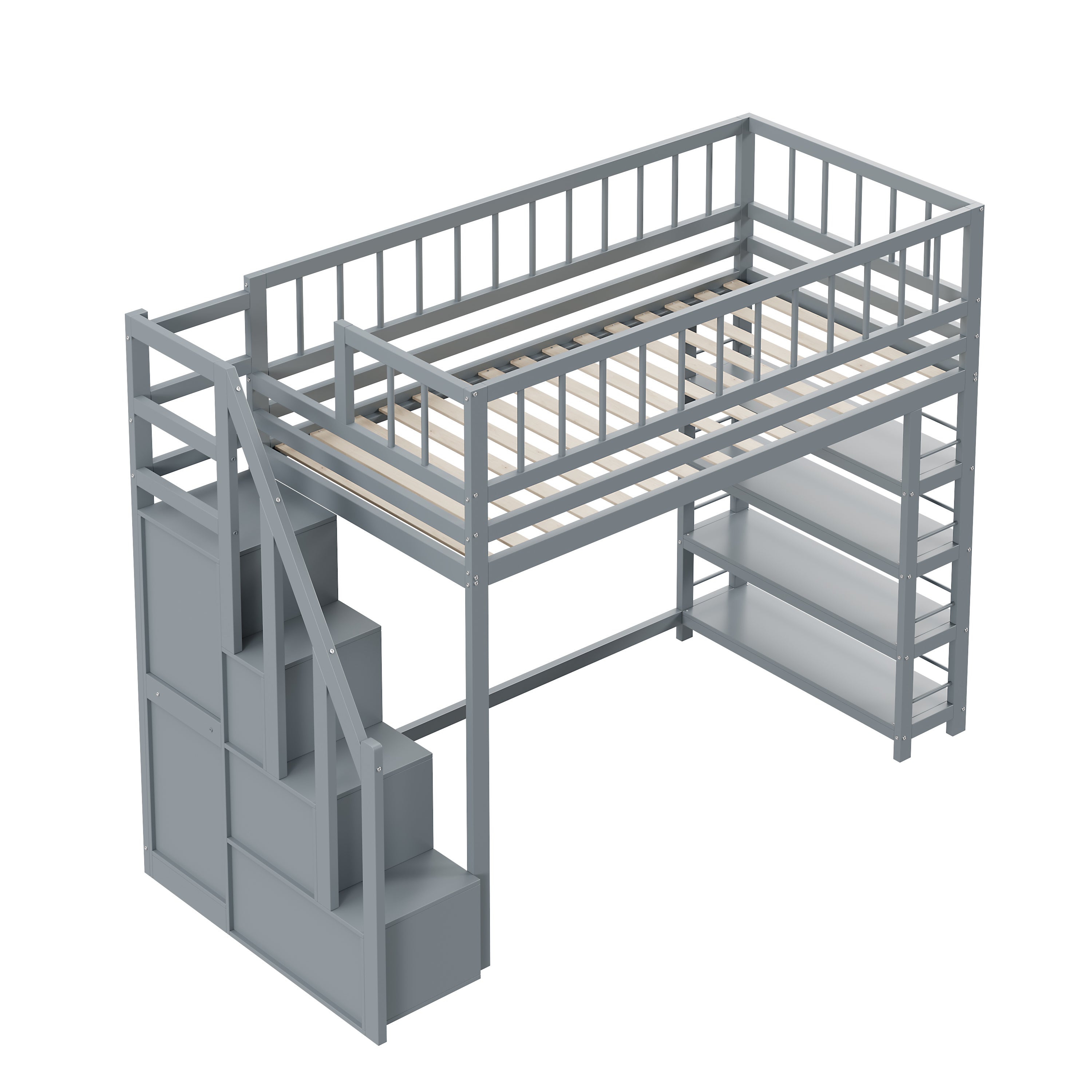 Letto a soppalco 90 x 200, ripiani e spazio di archiviazione con scala di sicurezza, letto in legno massello, grigio - 8