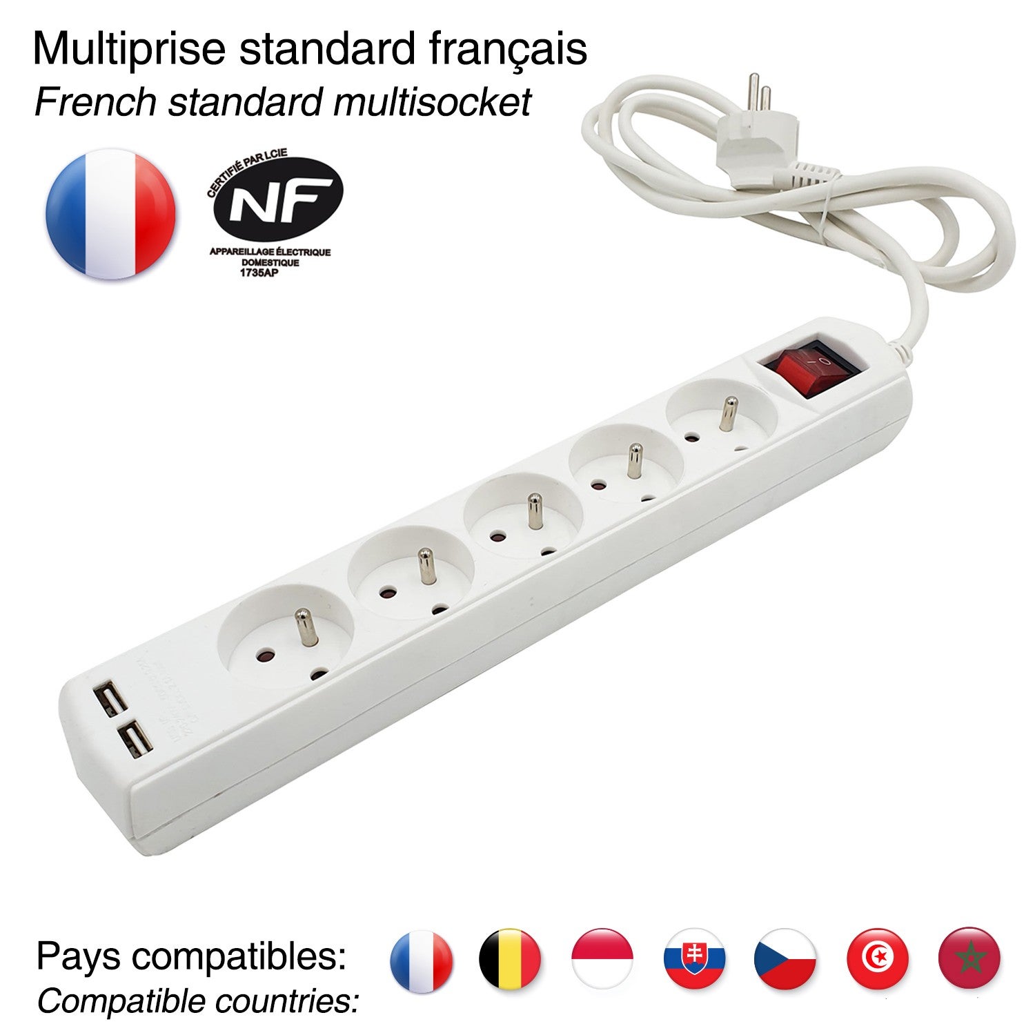 Multiprise 5 sorties + 2 USB. Cable 1,5m - 6