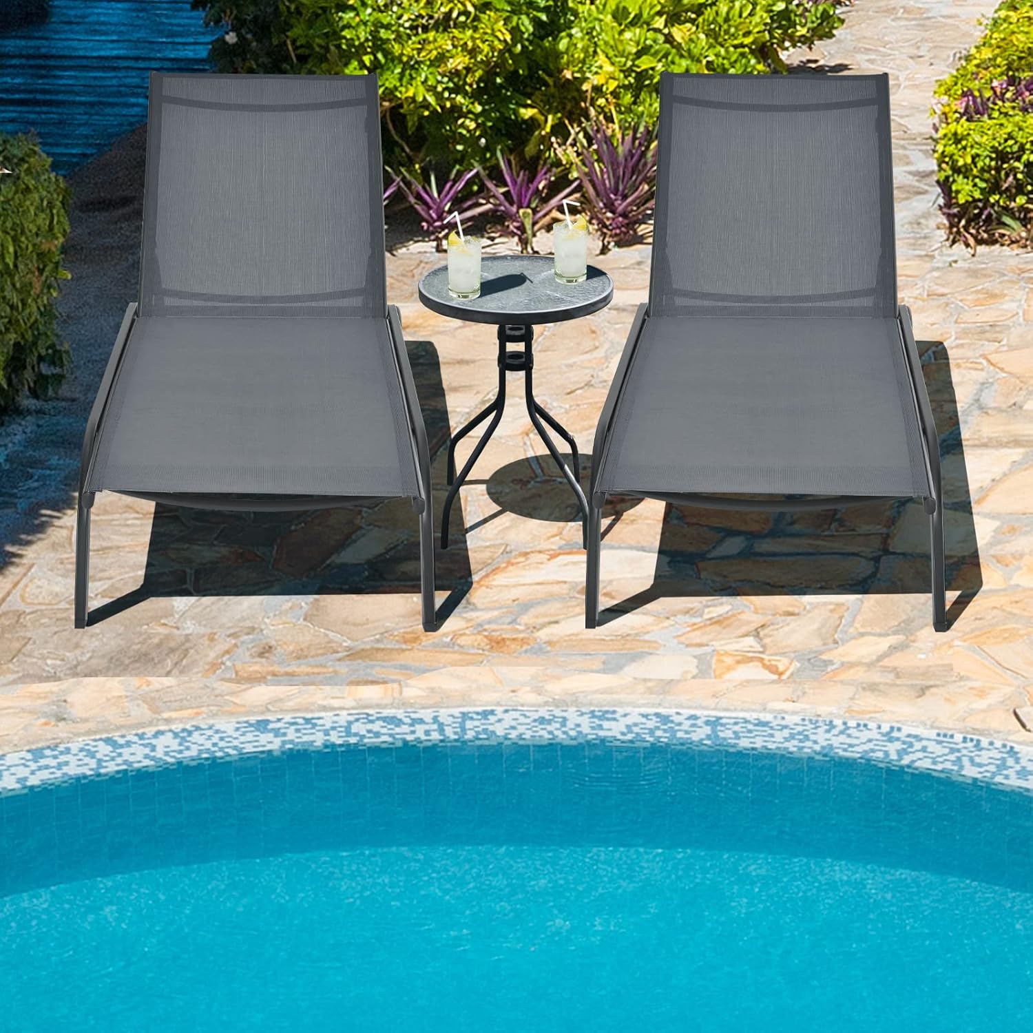 Bain de Soleil Inclinable à Dossier 6 Niveaux, Transat Jardin Exterieur avec Roues, Auvent Réglable, Charge 150 KG (Gris,Style 2) - 8