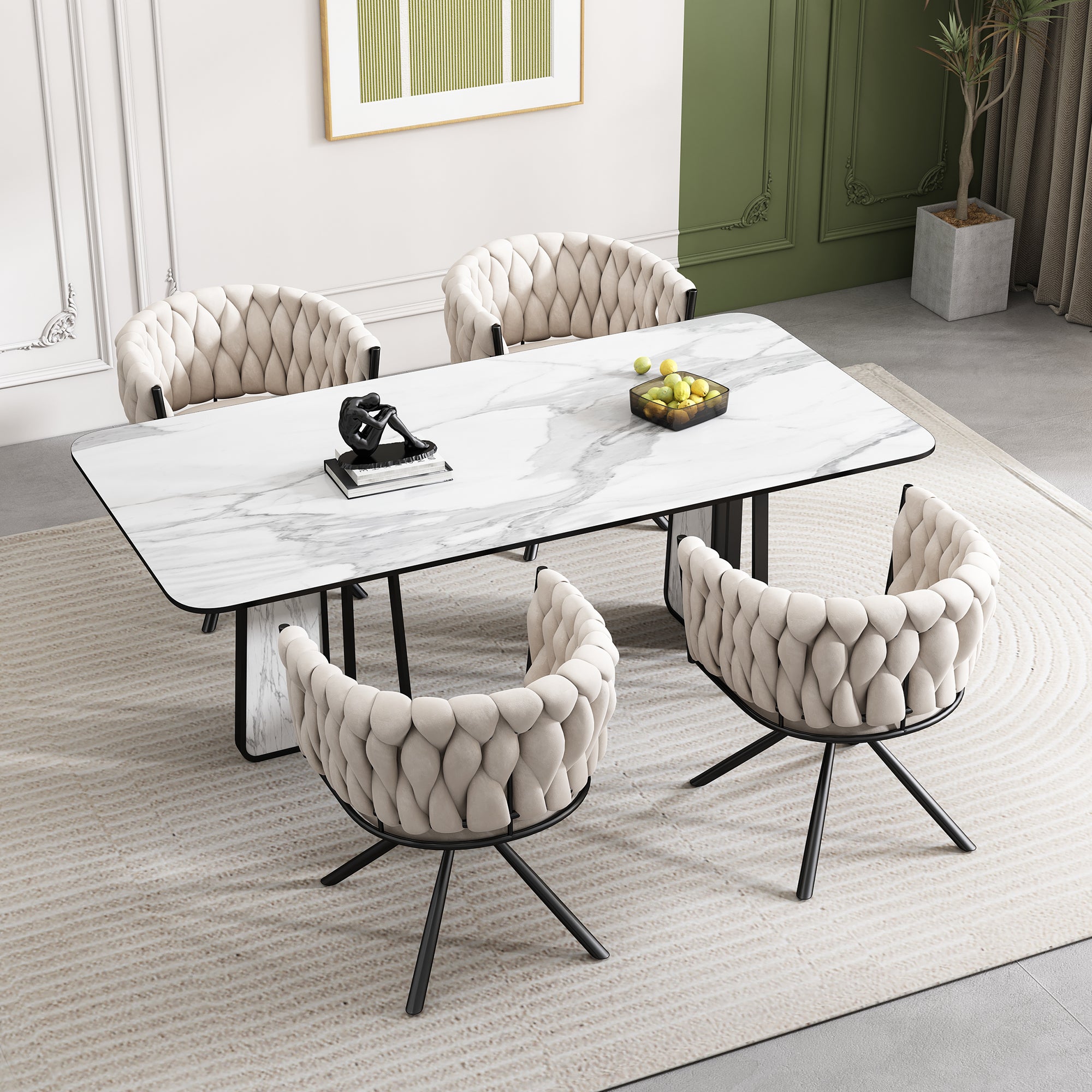 Lot de 4 chaises de salle à manger en velours avec quatre pieds en métal, 56x46x71 cm, beige - 2