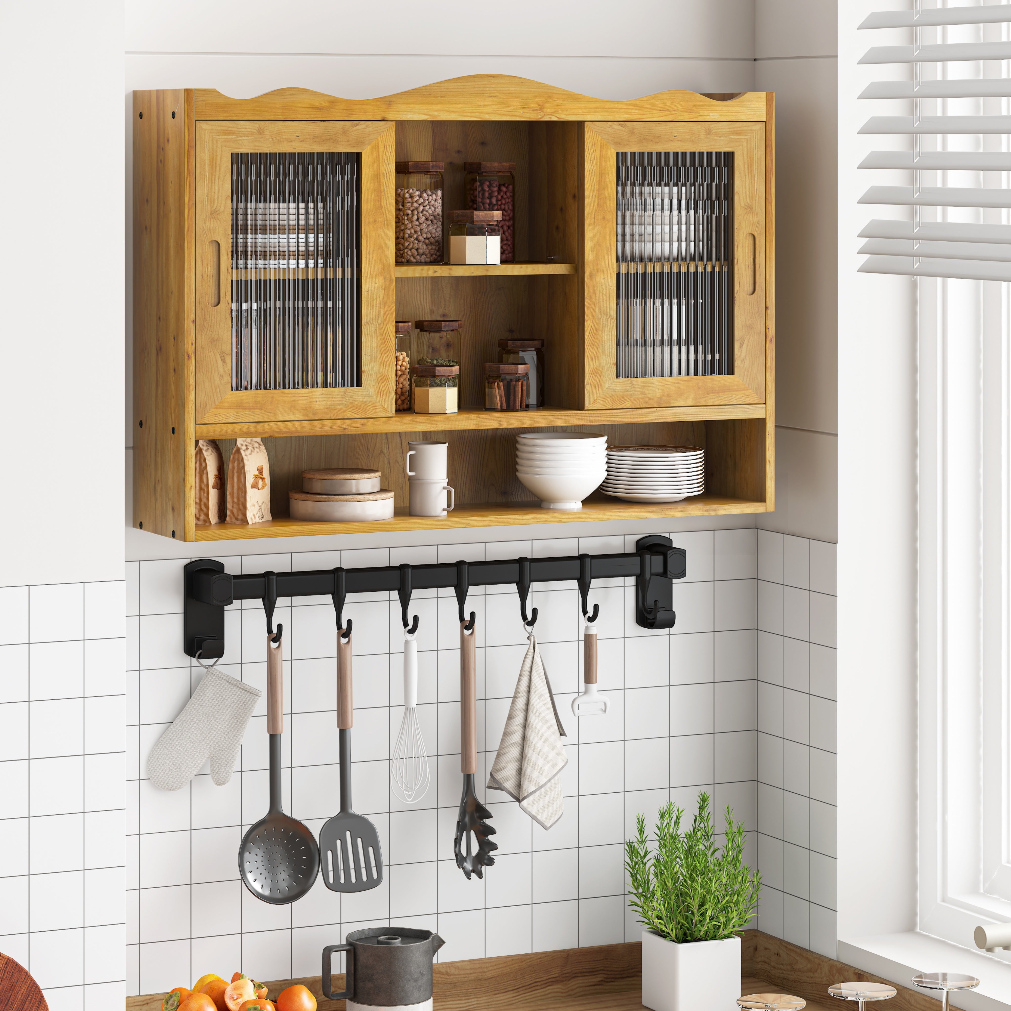 Armadio Da Parete Retrò In Legno E Vetro – 100 Cm, 4 Ante, Con Ganci E Mensola Aperta, Per Bagno E Cucina