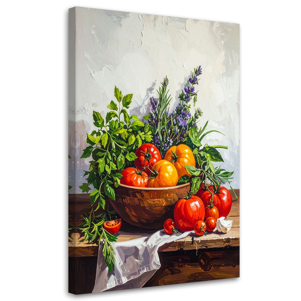 Obraz do kuchni jadalni restauracji, Martwa natura pomidory i zioła 60x90