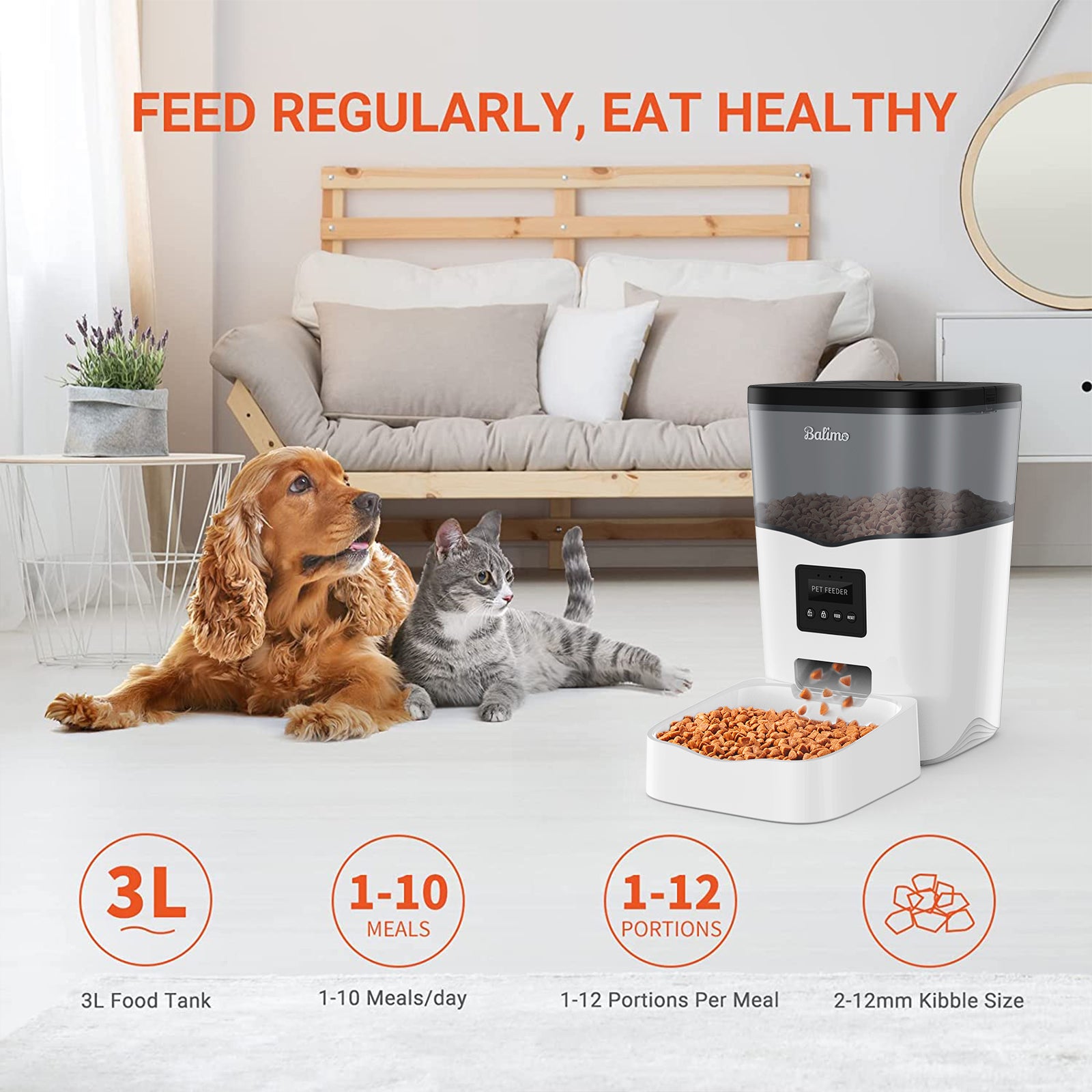 3L WIFI Distributeur Croquettes Chats APP Contrôle Adaptateur secteur/batterie ,Noir Distributeur Automatique de Nourriture pour Chiens - 3