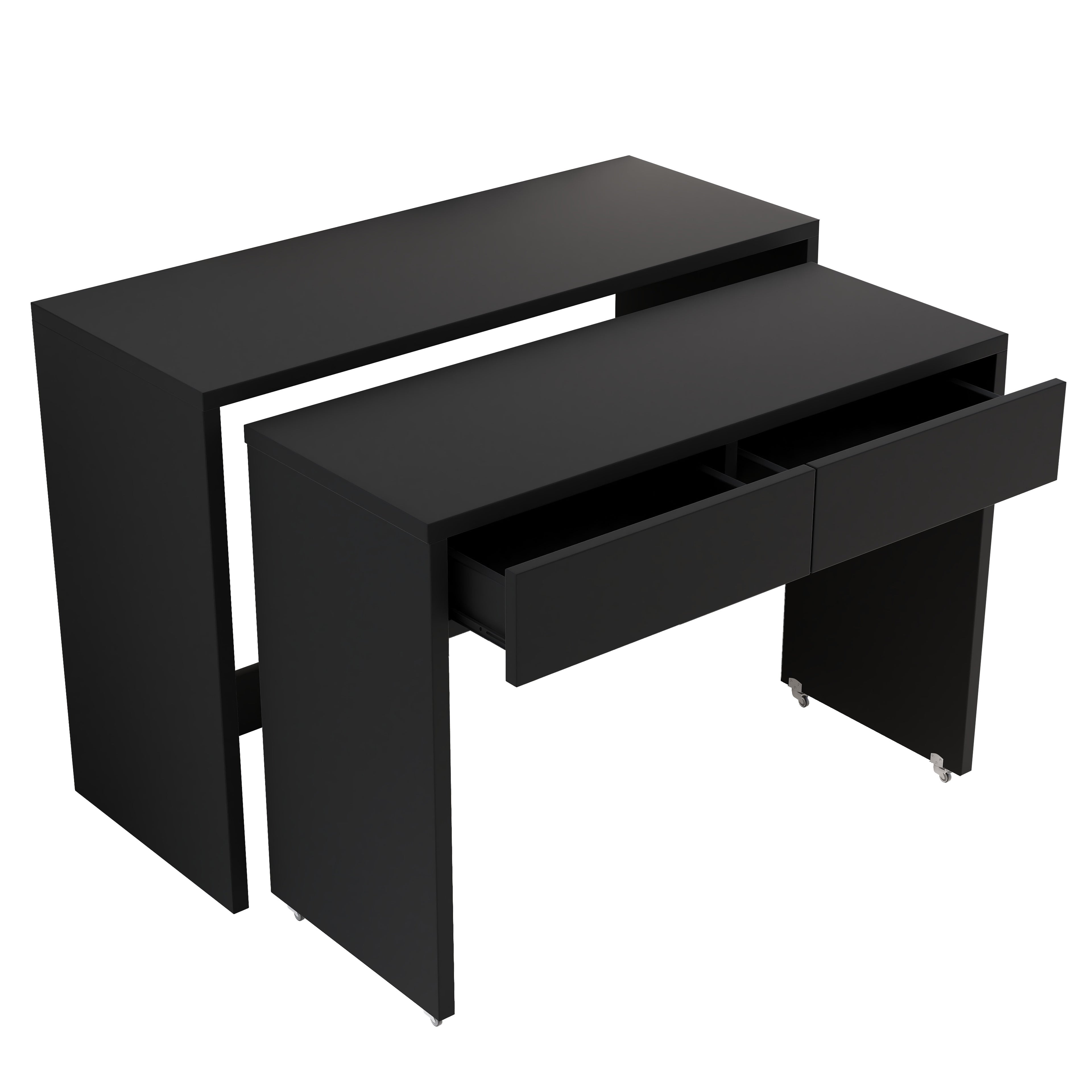 Bureau extensible 110x40x78 cm, bureau gigogne avec roulettes et 2 tiroirs, noir - 4