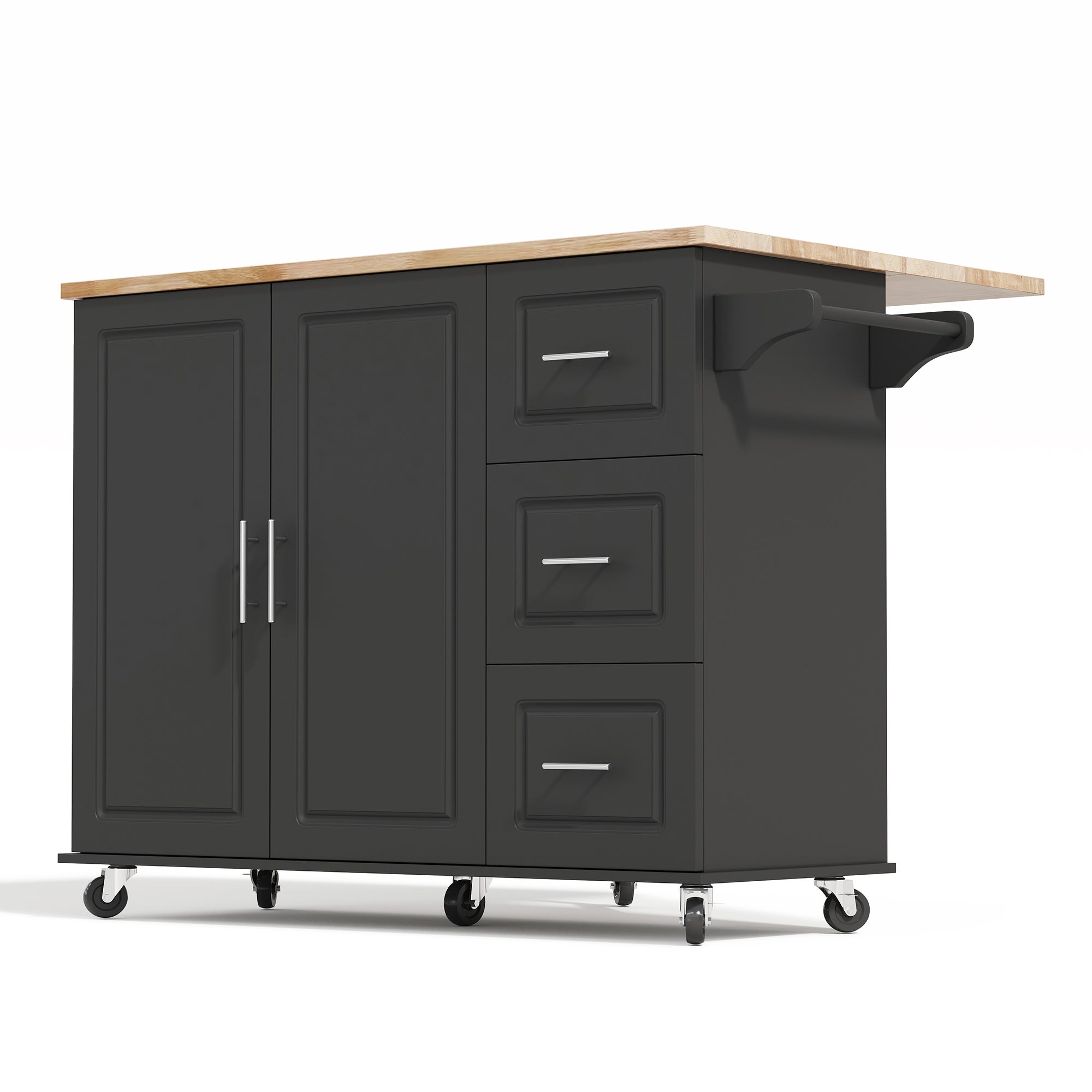 Ilot central de cuisine 137x43-76x92 cm - Plateau extensible, Cuisine multifonction avec 3 Tiroirs et Porte-Serviettes Plan de Travail en Chêne, Noir - 6