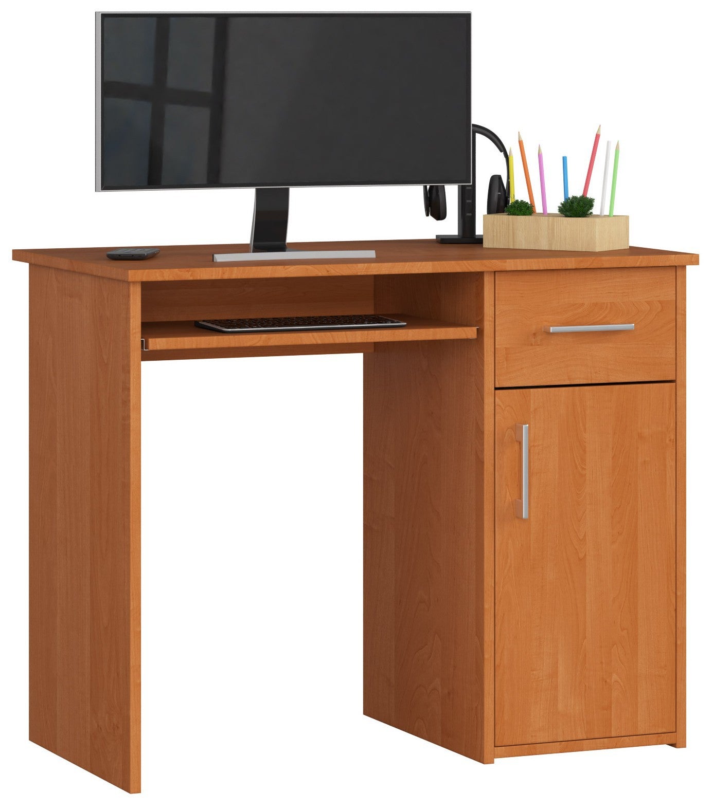 Escritorio un cajón, 1 puerta, 3 estantes, aliso, 90 cm, alto 74 cm