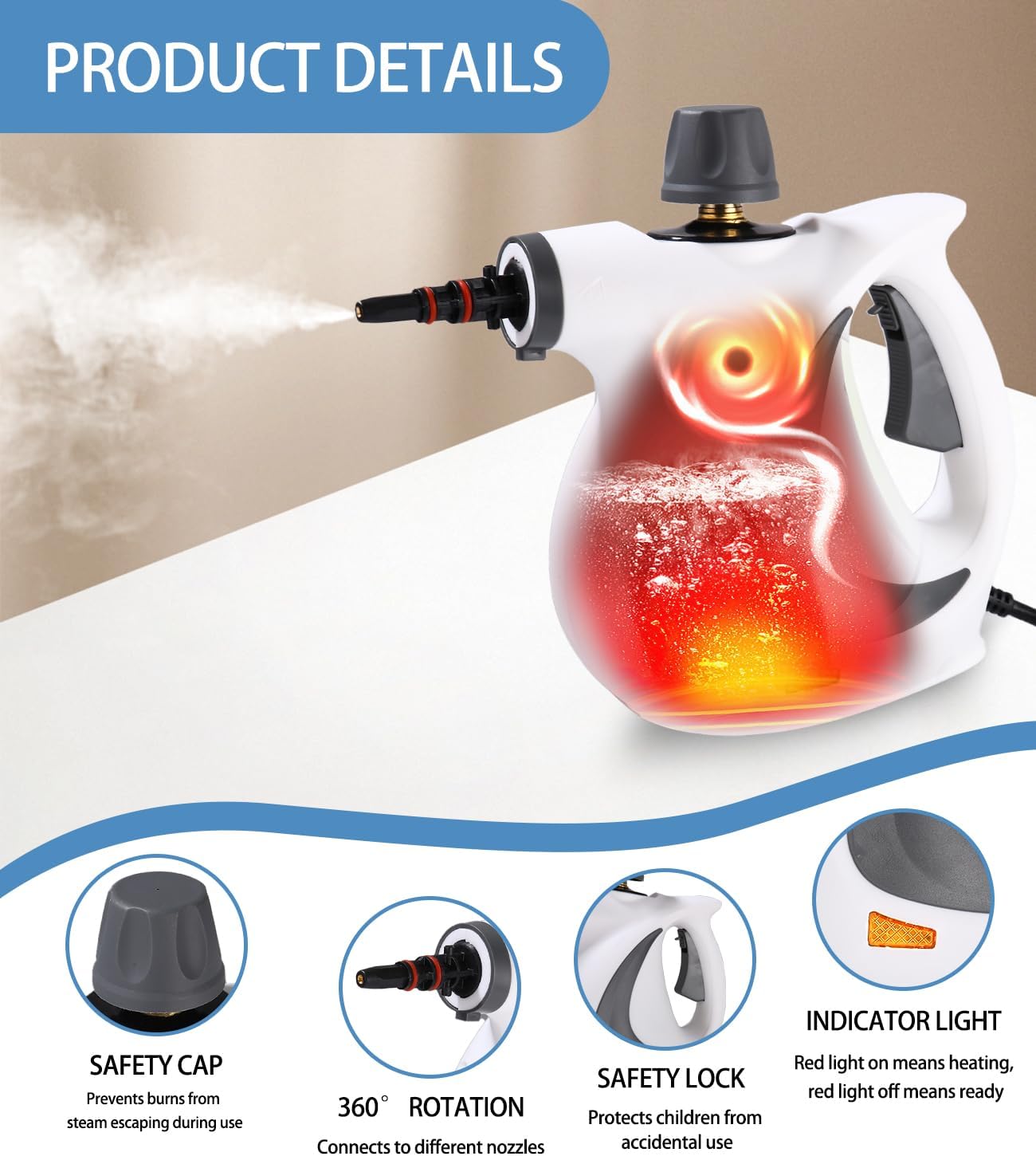 Nettoyeur Vapeur Puissant 1050 W 12 Accessoires 3,5 Bars Multifonction Portatif pour Tapis Rideaux Cuisine Canapés Sièges Auto Salle de Bain Tissus - 4