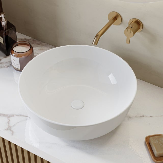 Lavabo da appoggio rotondo 41,5 cm, lavabo bianco lucido per bagno ospiti HOROW