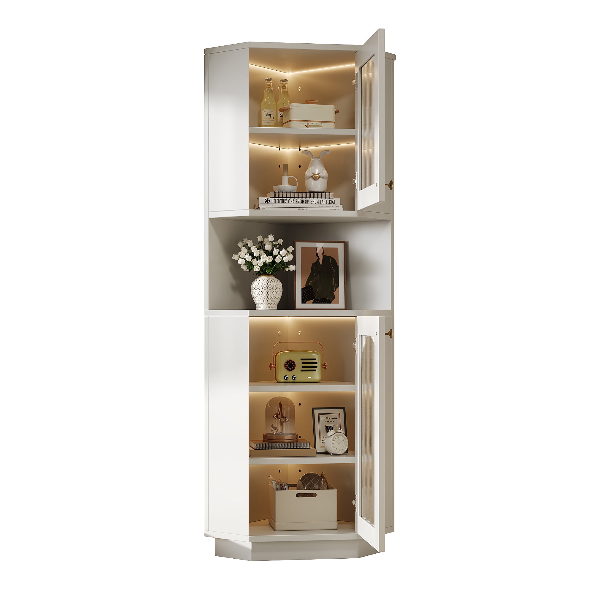 Narożna szafka łazienkowa z 2 drzwiami i 1 wnęką - 45 x 45 x 166,5 cm - Diody LED - Płyta MDF - Regulowane półki - Biała - 7