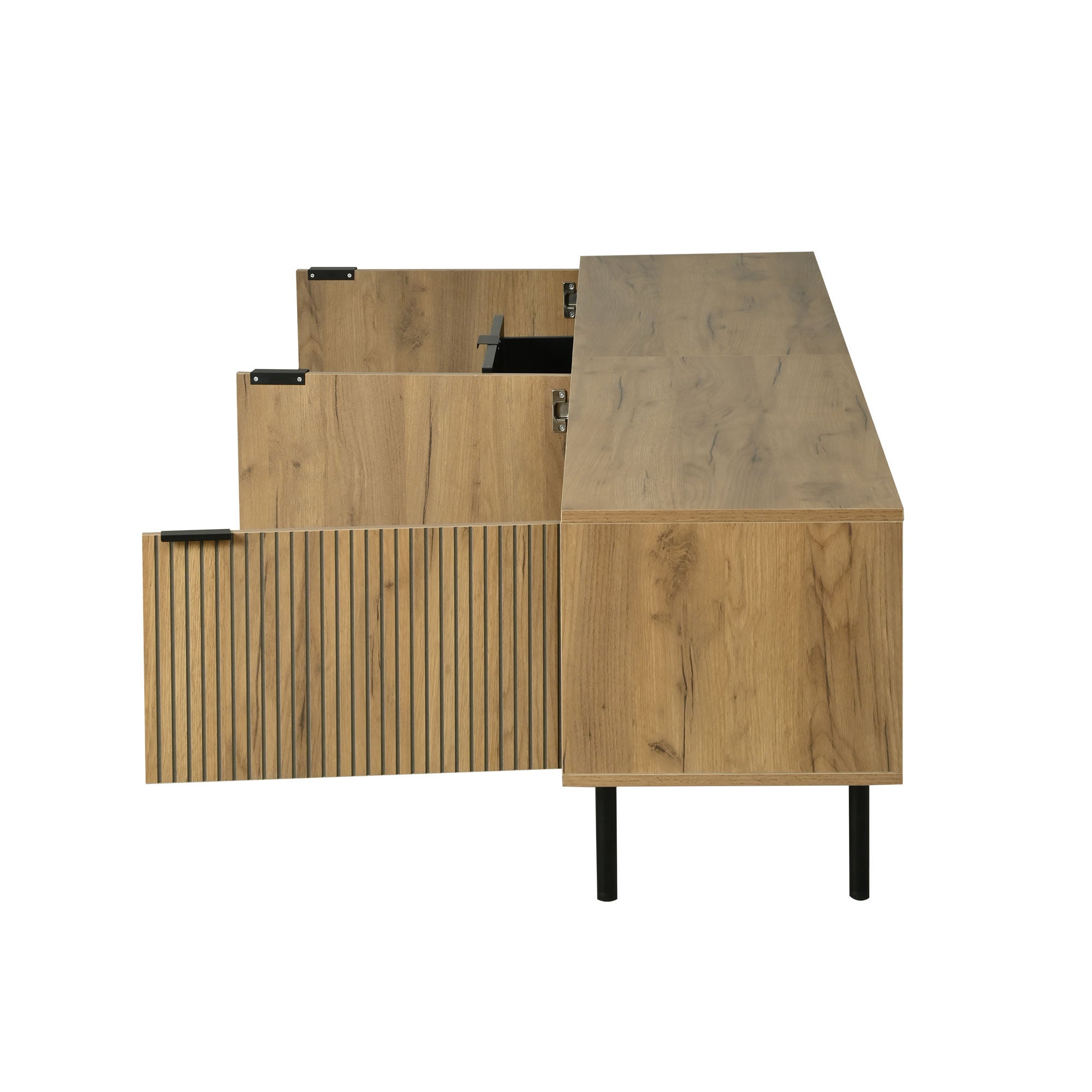 Stolik pod TV z 3 drzwiami i 2 szufladami - 208 x 40 x 48 cm - Płyta wiórowa i metalowe nogi - Kolor czarny z efektem drewna - 7